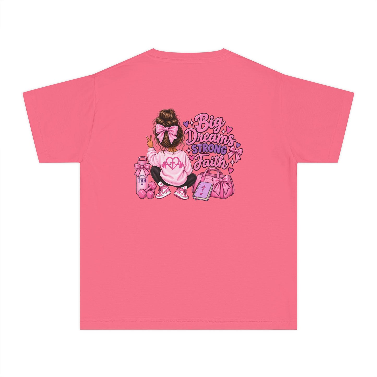 Youth Tee — "Big Dreams, Bigger Faith" Pink Bow Graphic
