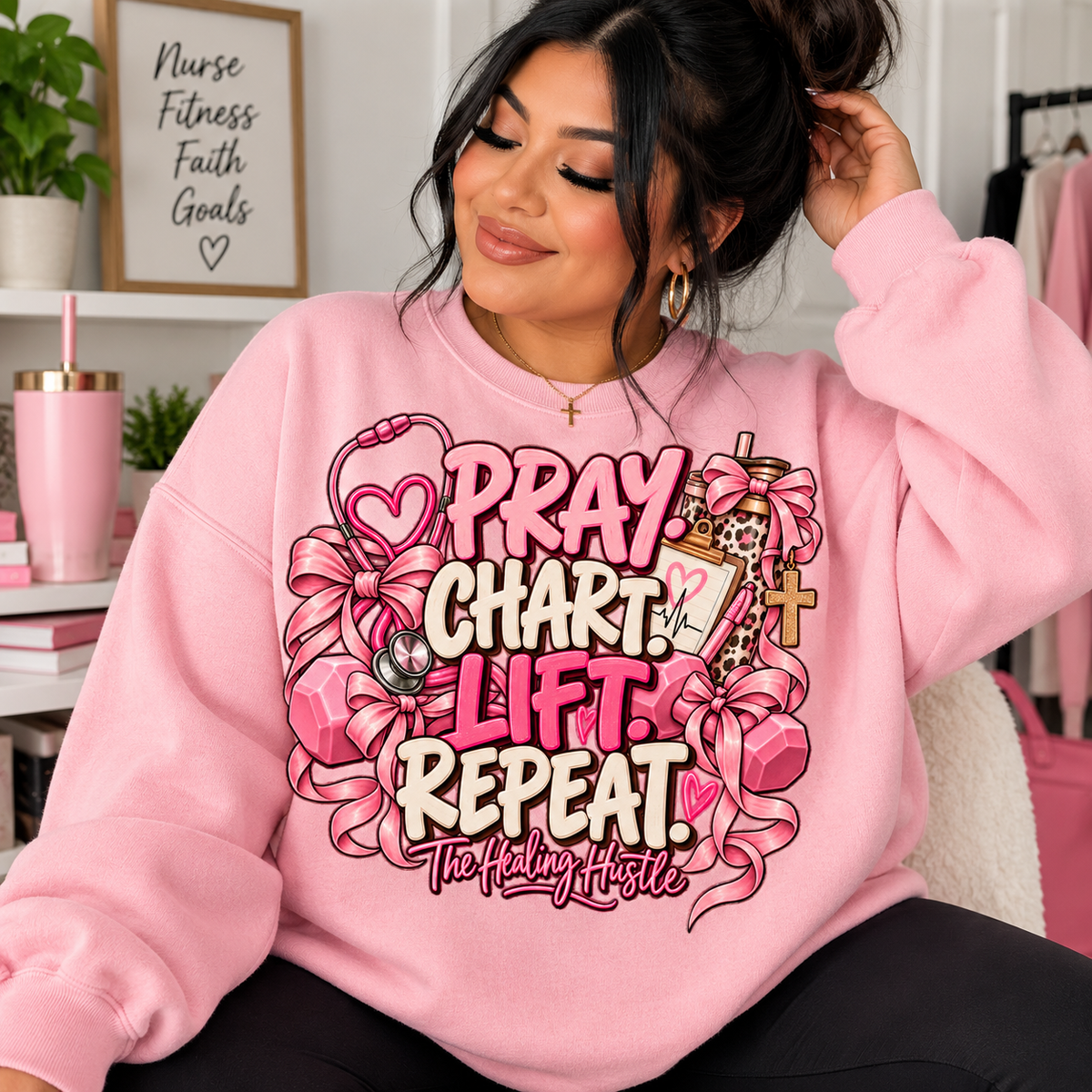Pray Chart Lift Repeat Crewneck Sweatshirt — Christian Fitness Inspirational Pullover
