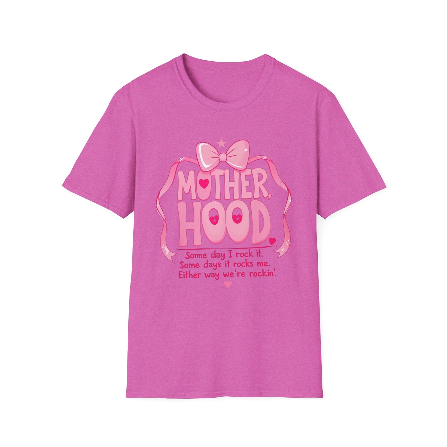 Motherhood Pink Graphic T-Shirt — "Motherhood" Bow Design with Cute Quote