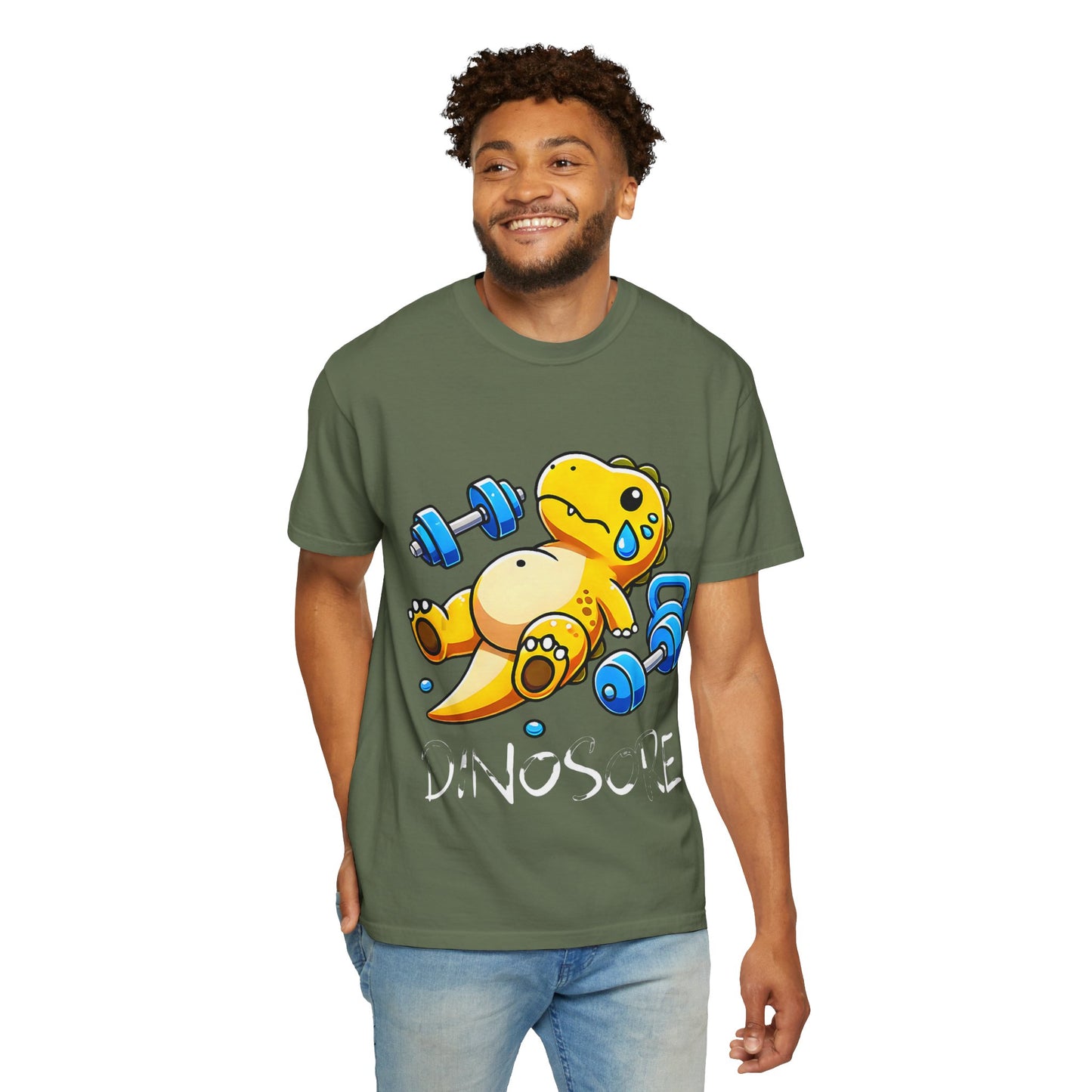 Cute Sweating Dino Lifting Dumbbells