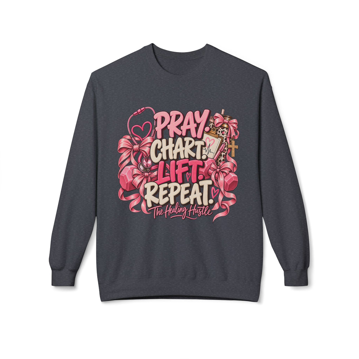 Pray Chart Lift Repeat Crewneck Sweatshirt — Christian Fitness Inspirational Pullover