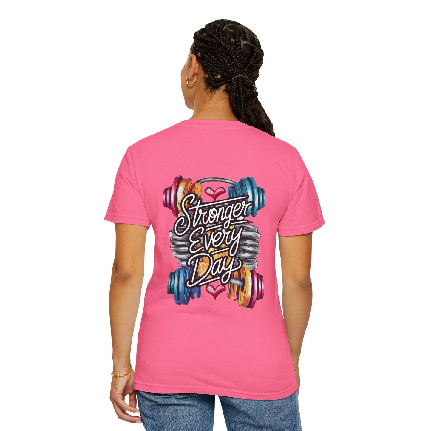 Stronger Every Day Fitness T-Shirt — Motivational Gym Tee with Barbell Design