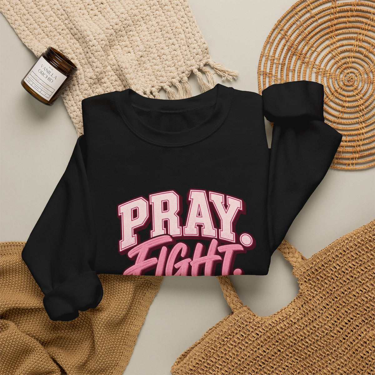 Pray Fight Heal Repeat Sweatshirt — Inspirational Pink Graphic Crewneck