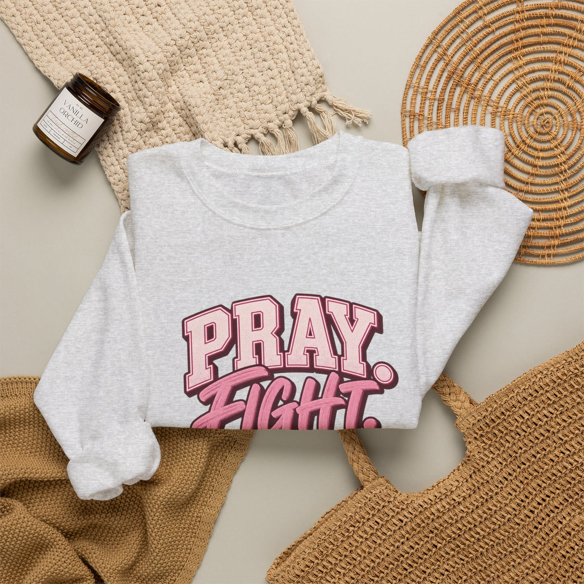 Pray Fight Heal Repeat Sweatshirt — Inspirational Pink Graphic Crewneck