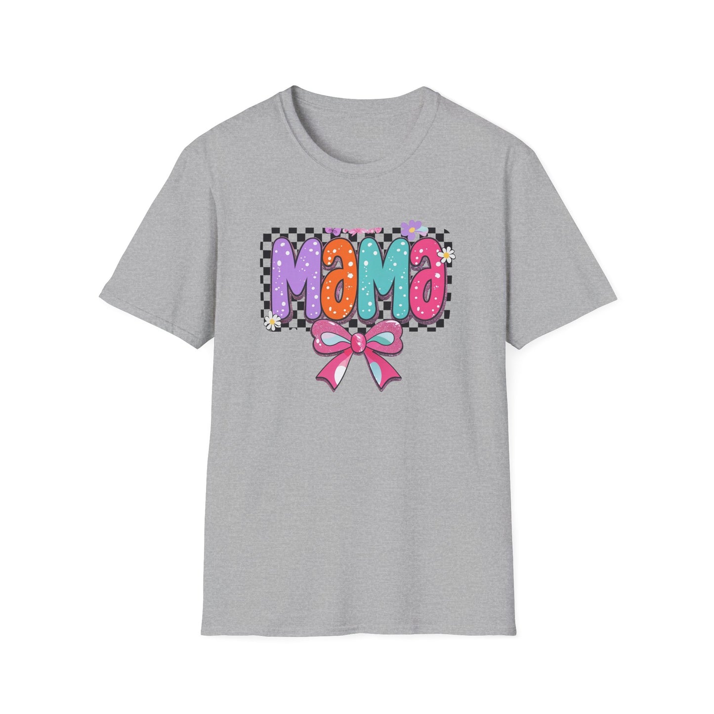 Mama Colorful Plaid Bow T-Shirt — Cute Floral "Mama" Graphic Tee for Moms, Mother's Day Gift