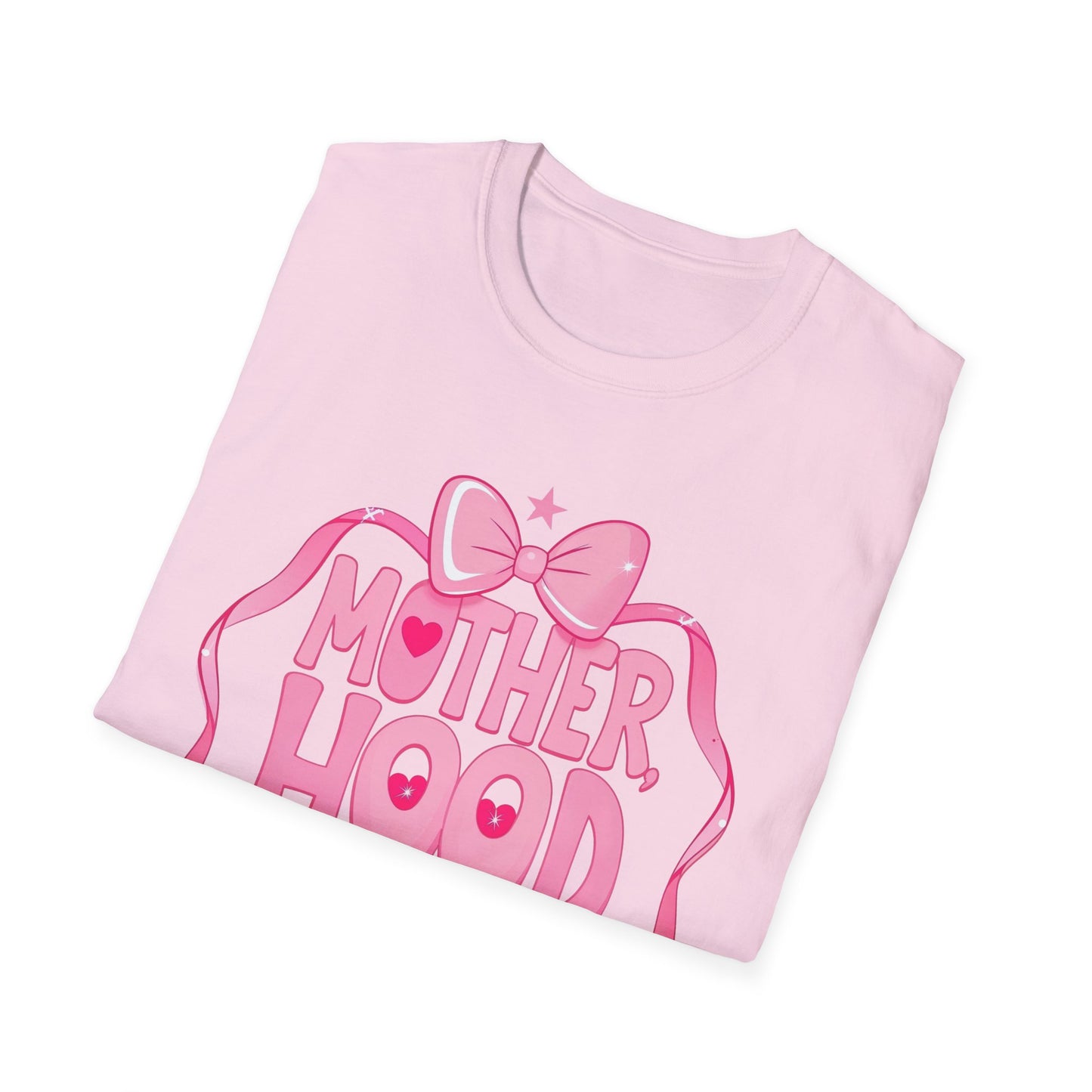 Motherhood Pink Graphic T-Shirt — "Motherhood" Bow Design with Cute Quote