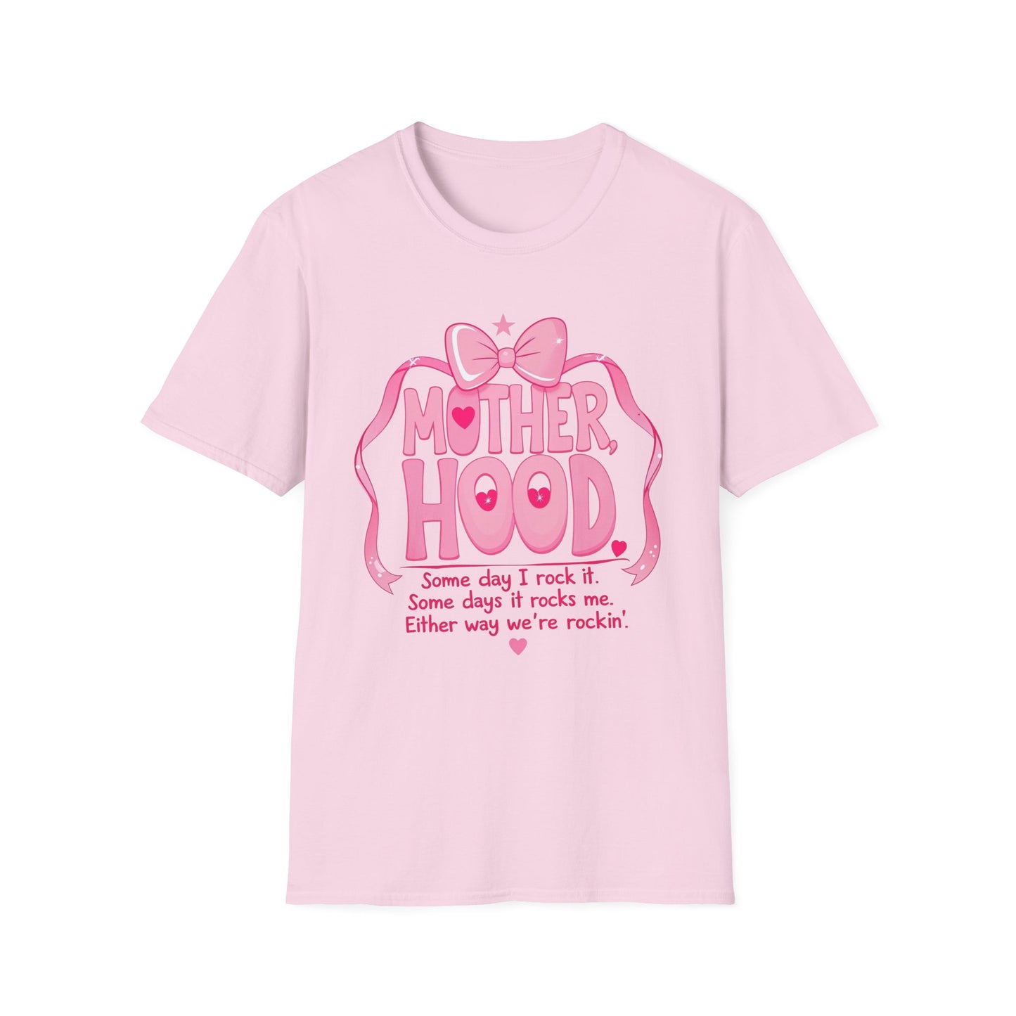 Motherhood Pink Graphic T-Shirt — "Motherhood" Bow Design with Cute Quote