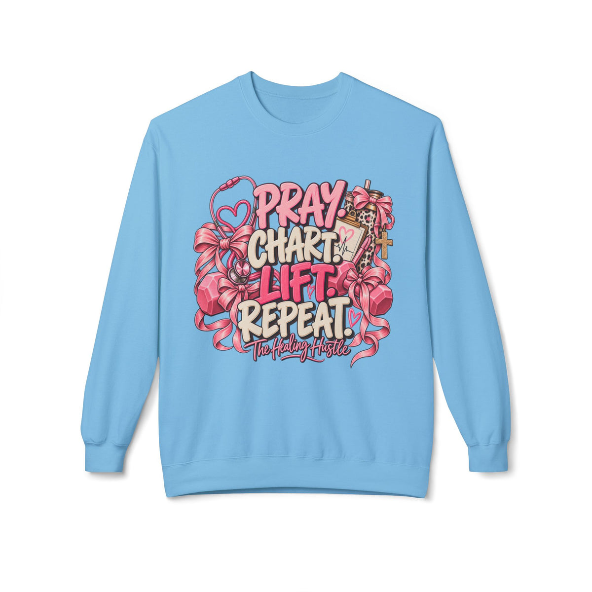 Pray Chart Lift Repeat Crewneck Sweatshirt — Christian Fitness Inspirational Pullover