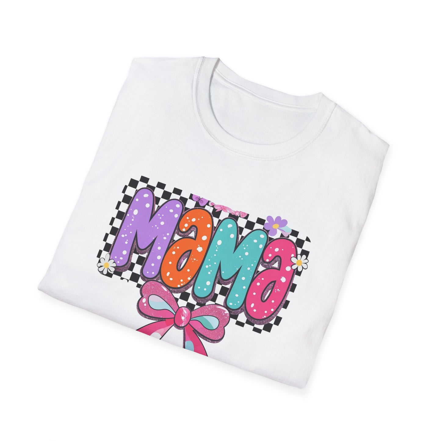 Mama Colorful Plaid Bow T-Shirt — Cute Floral "Mama" Graphic Tee for Moms, Mother's Day Gift