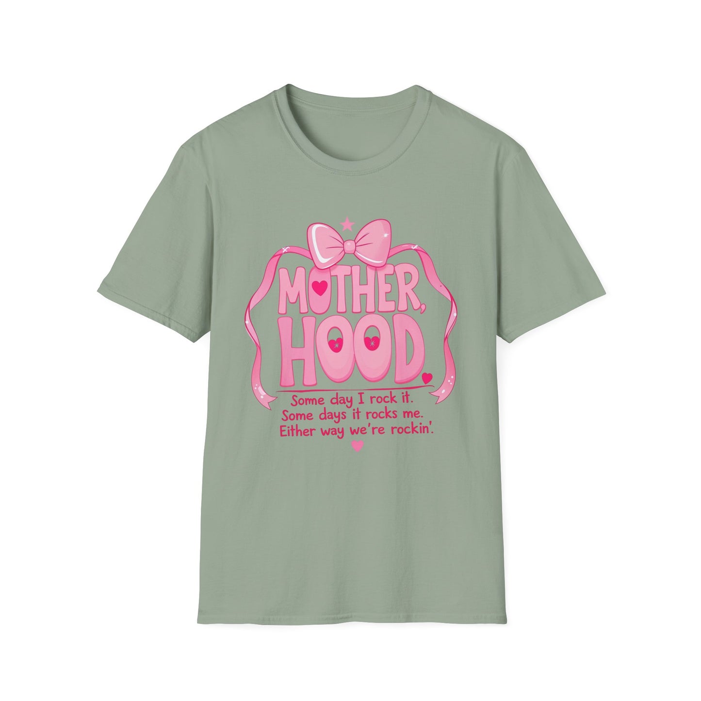 Motherhood Pink Graphic T-Shirt — "Motherhood" Bow Design with Cute Quote
