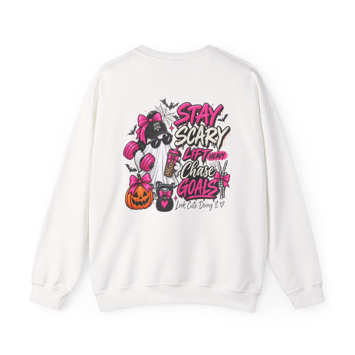 Crewneck Sweatshirt — "Stay Scary, Lift Heavy, Chase Goals" Halloween Gym Graphic