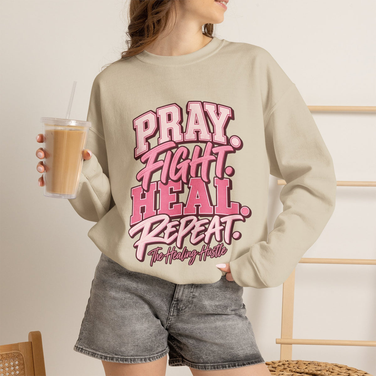 Pray Fight Heal Repeat Sweatshirt — Inspirational Pink Graphic Crewneck