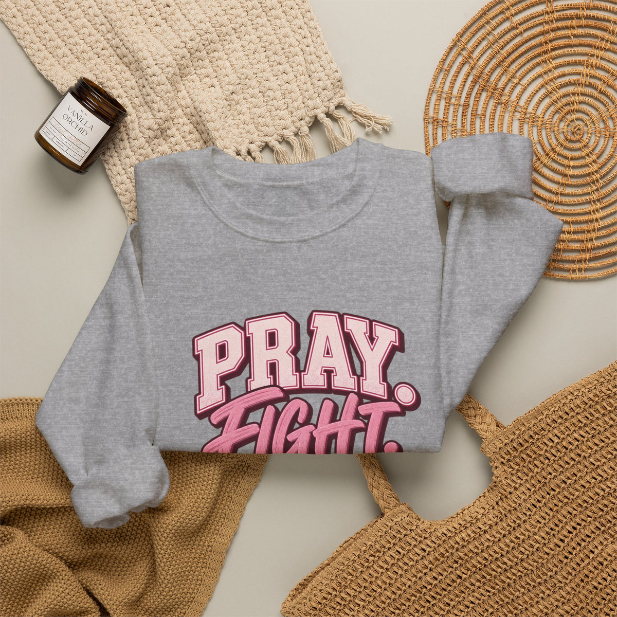Pray Fight Heal Repeat Sweatshirt — Inspirational Pink Graphic Crewneck