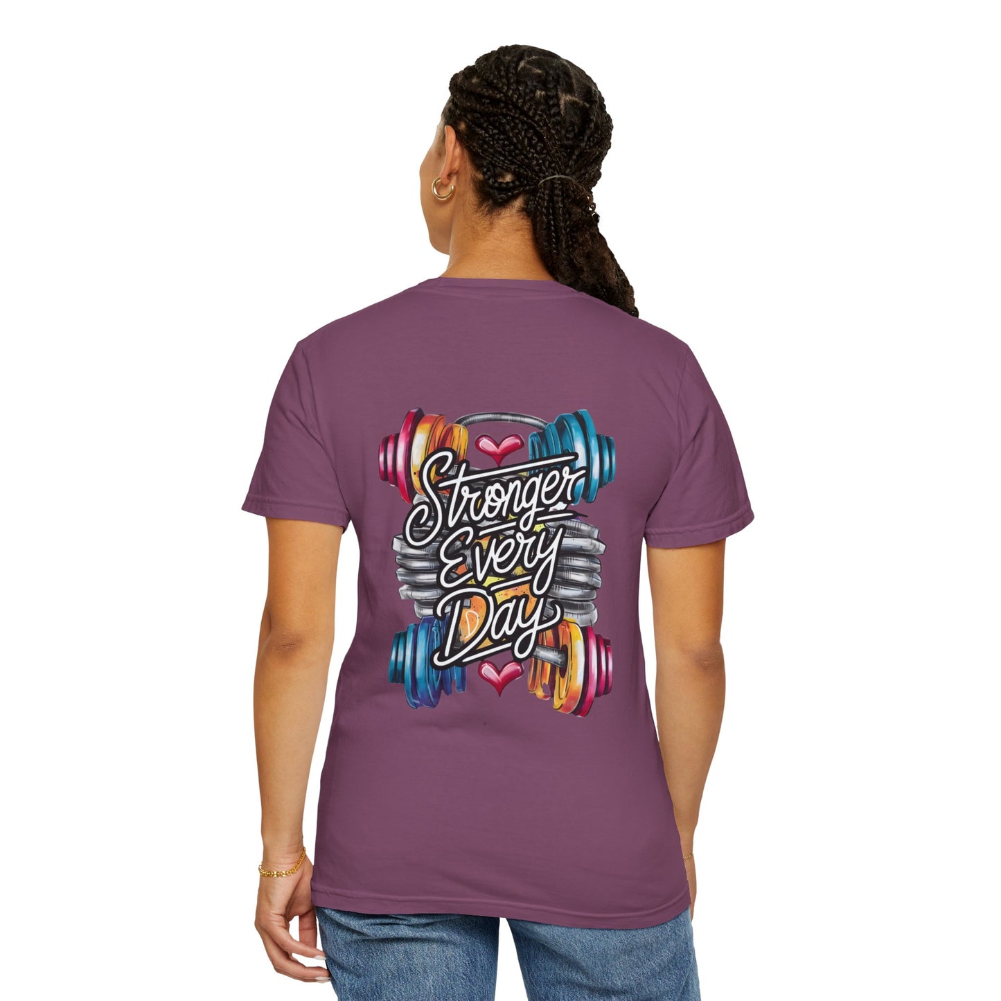 Stronger Every Day Fitness T-Shirt — Motivational Gym Tee with Barbell Design