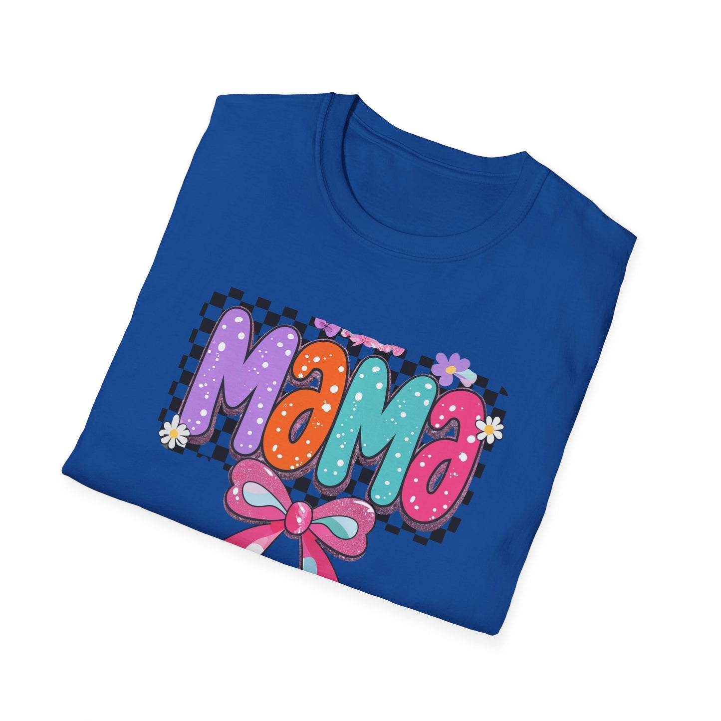 Mama Colorful Plaid Bow T-Shirt — Cute Floral "Mama" Graphic Tee for Moms, Mother's Day Gift