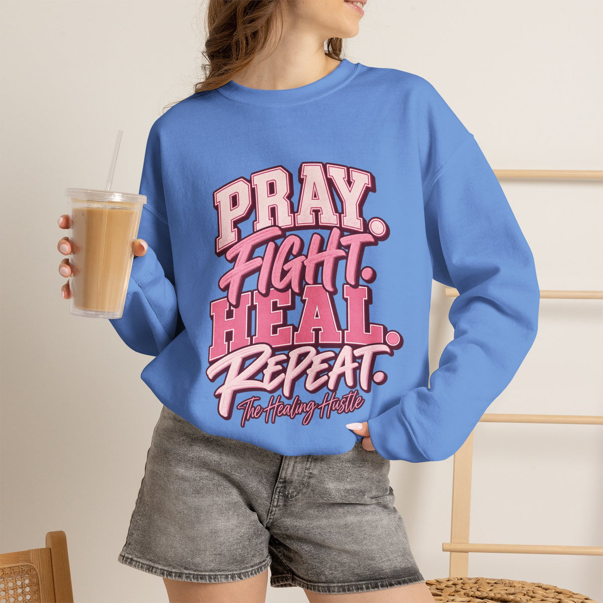 Pray Fight Heal Repeat Sweatshirt — Inspirational Pink Graphic Crewneck
