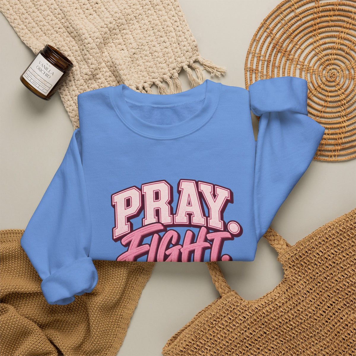 Pray Fight Heal Repeat Sweatshirt — Inspirational Pink Graphic Crewneck