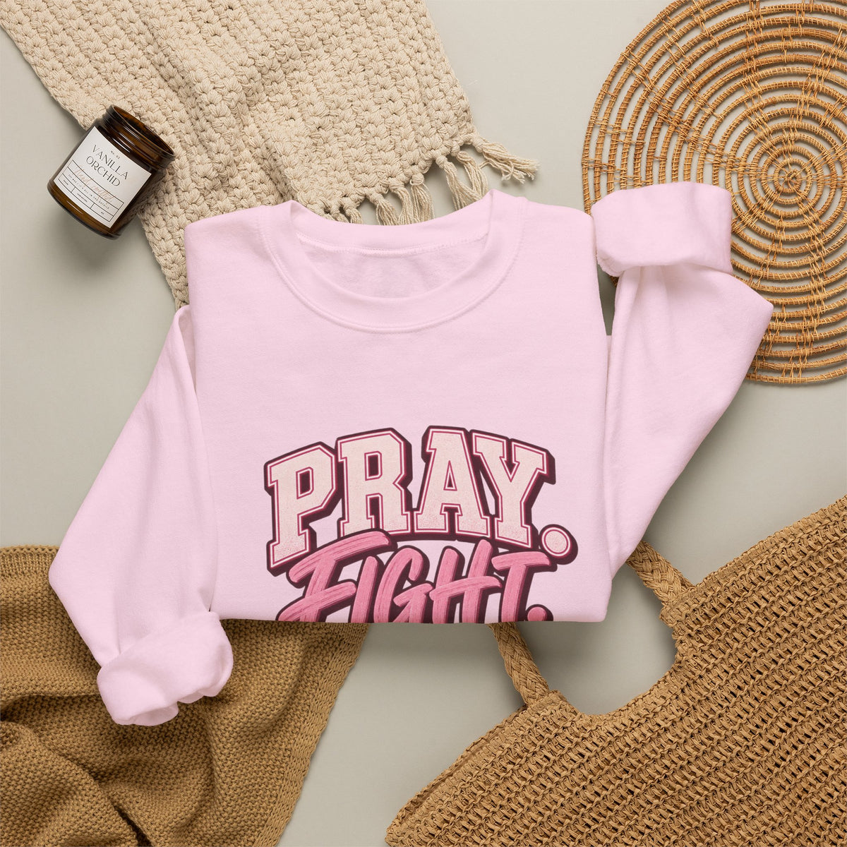 Pray Fight Heal Repeat Sweatshirt — Inspirational Pink Graphic Crewneck