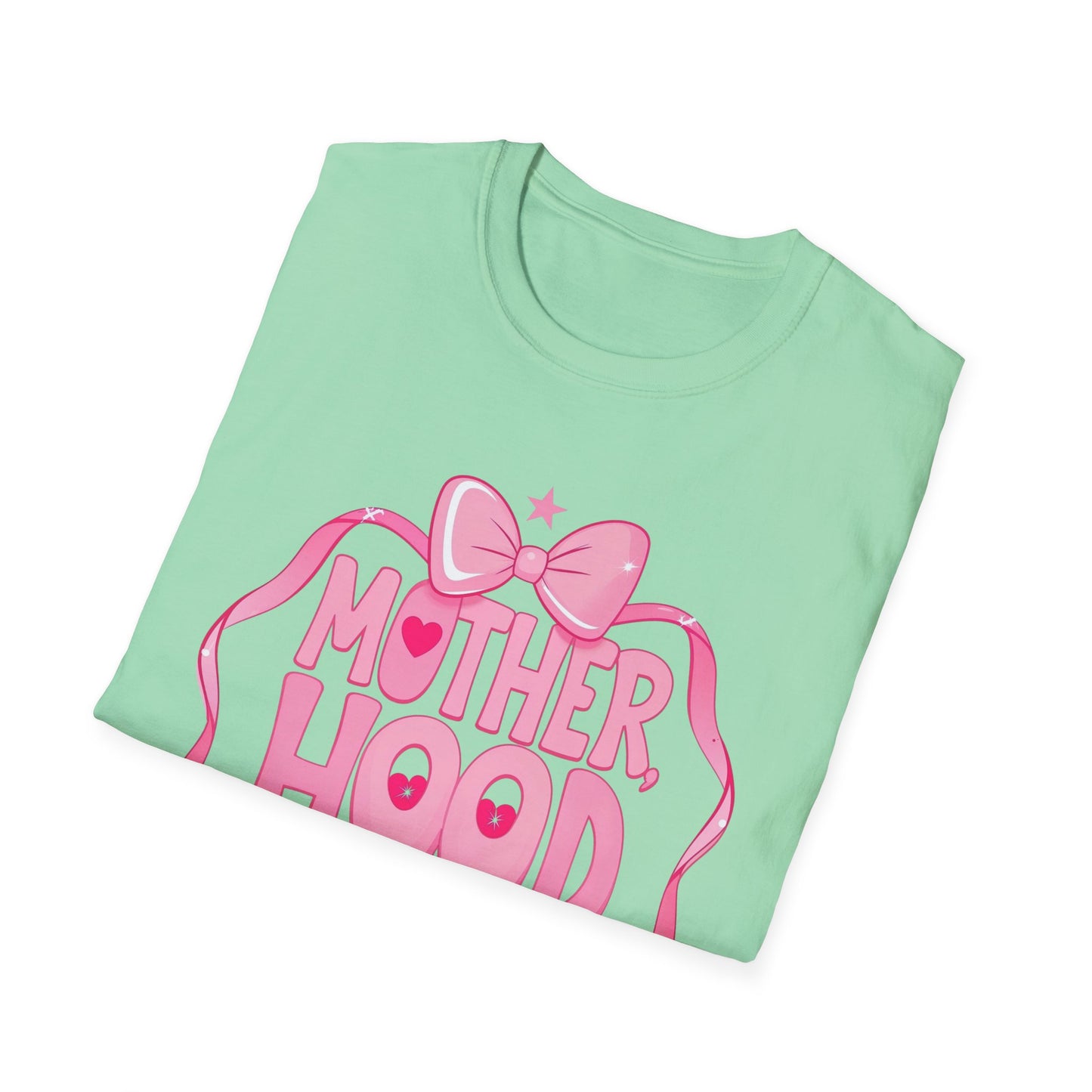 Motherhood Pink Graphic T-Shirt — "Motherhood" Bow Design with Cute Quote