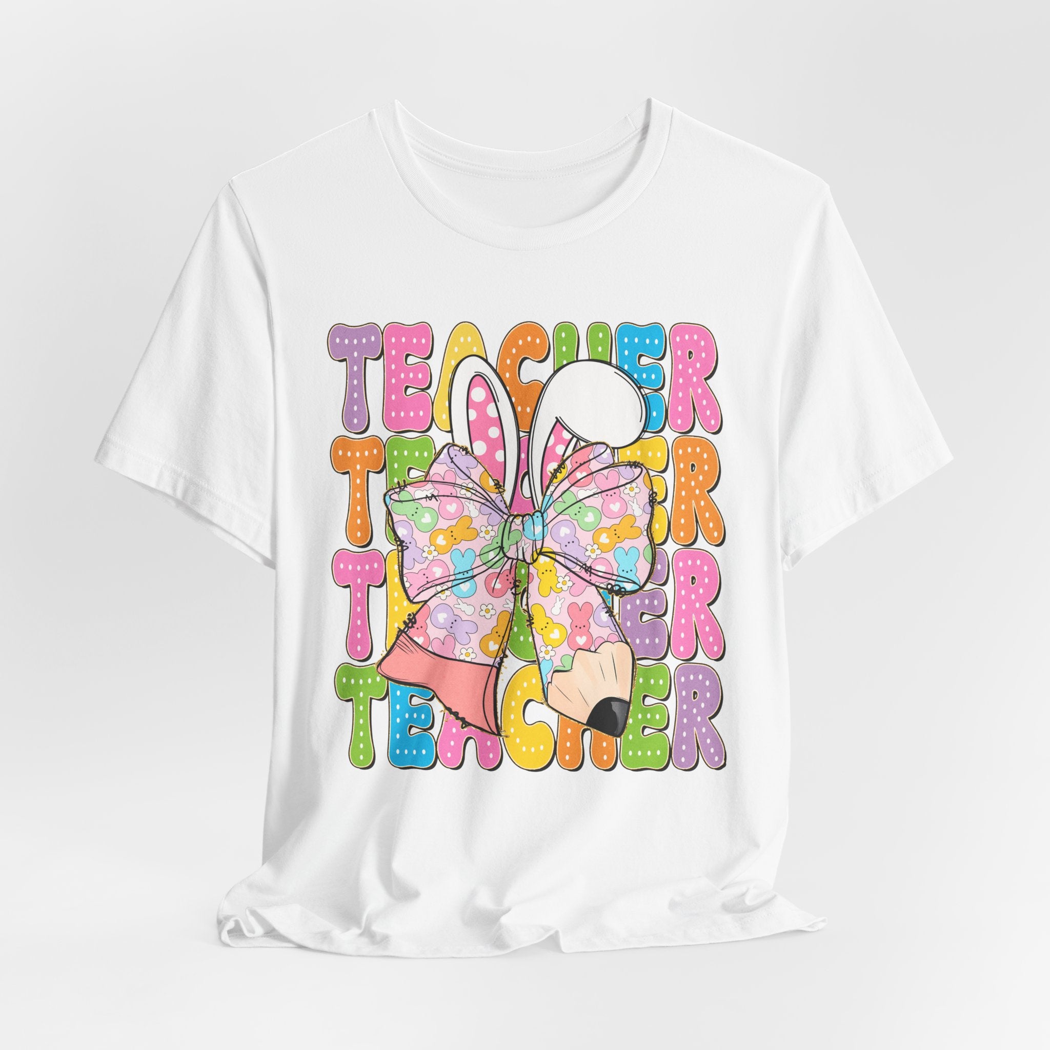 Teacher Bunny Graphic Tee — Colorful Retro Teacher Shirt