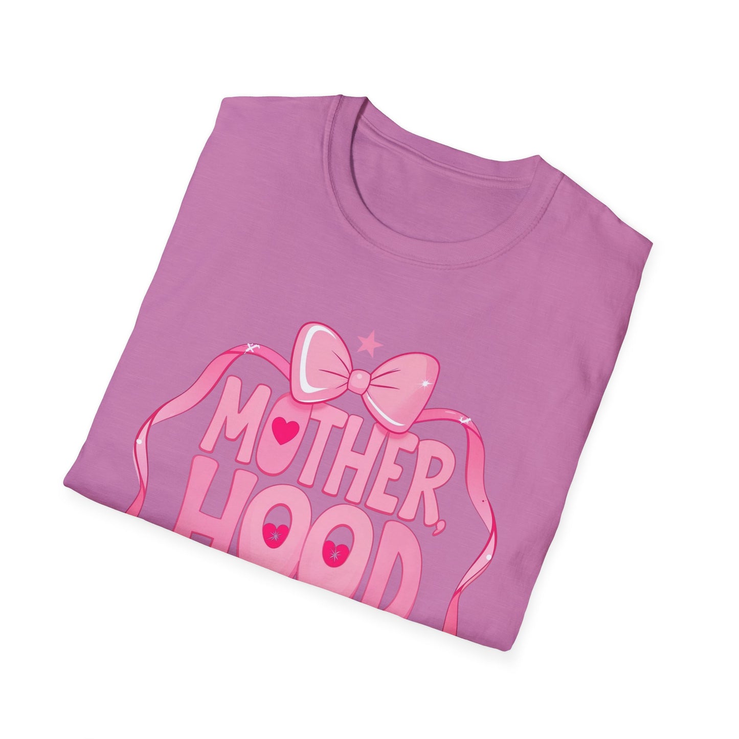 Motherhood Pink Graphic T-Shirt — "Motherhood" Bow Design with Cute Quote