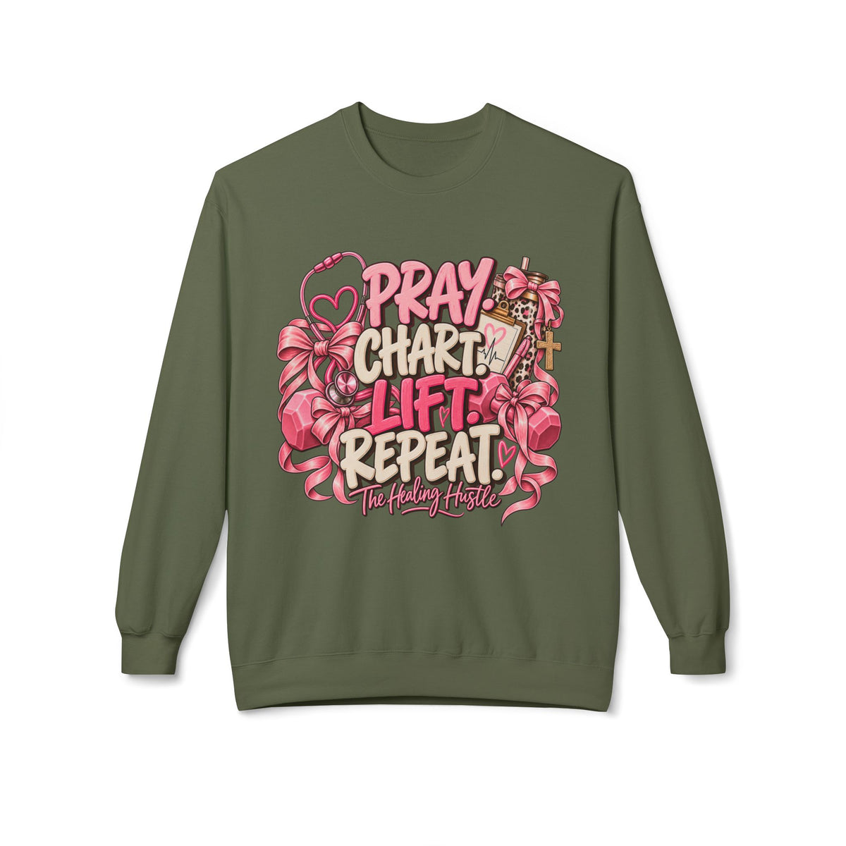 Pray Chart Lift Repeat Crewneck Sweatshirt — Christian Fitness Inspirational Pullover
