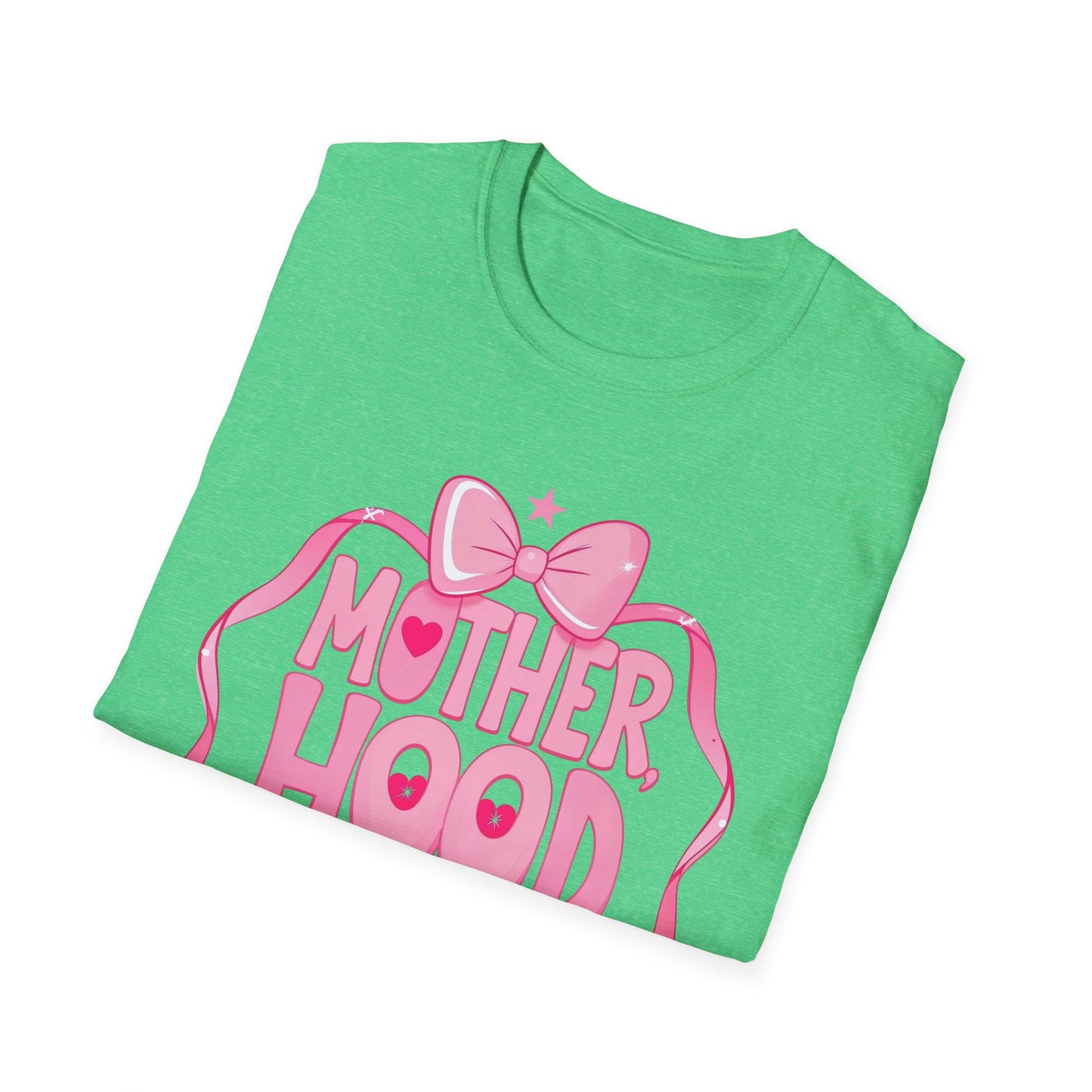 Motherhood Pink Graphic T-Shirt — "Motherhood" Bow Design with Cute Quote