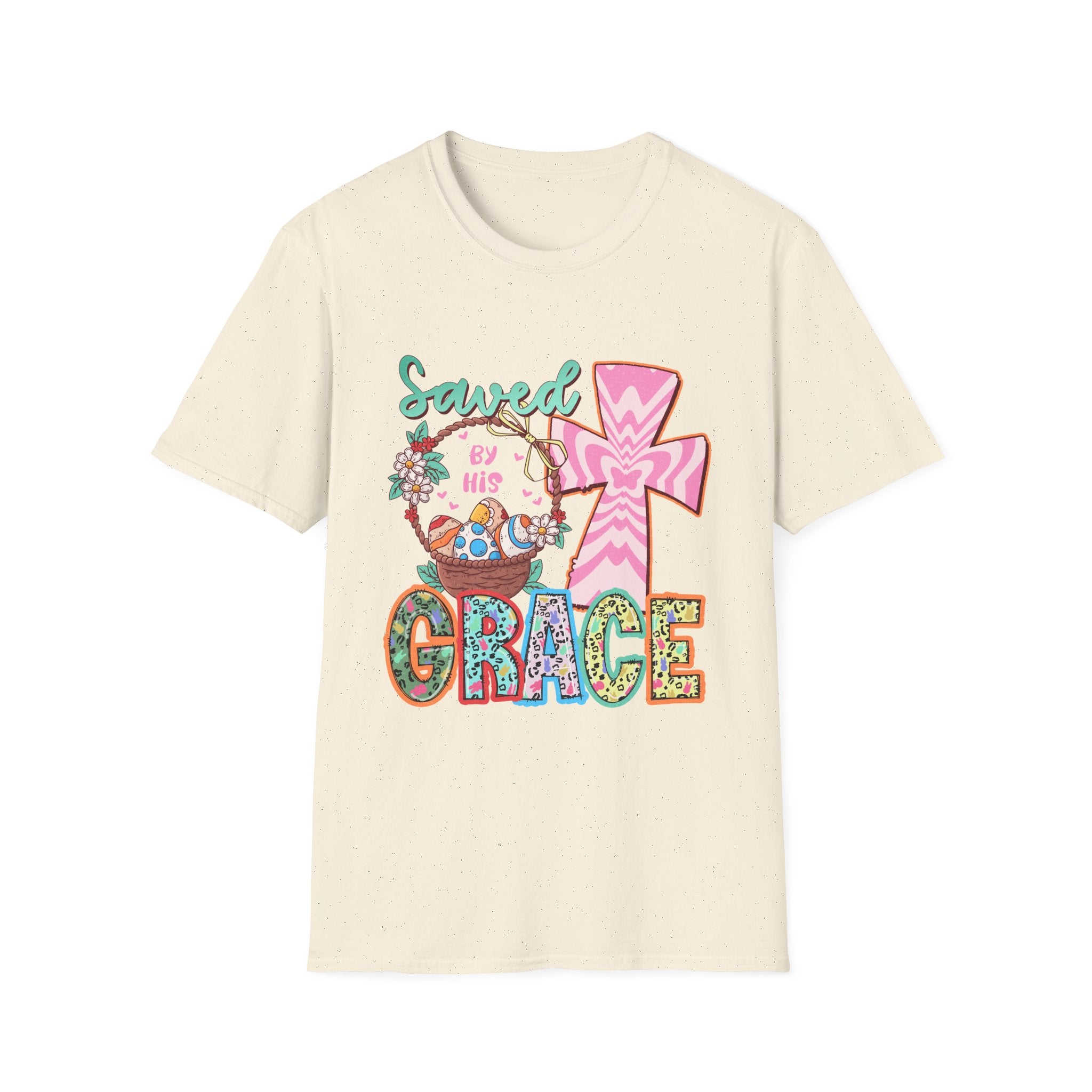 Saved By His Grace Christian T-Shirt — Colorful Cross & Floral Faith Tee
