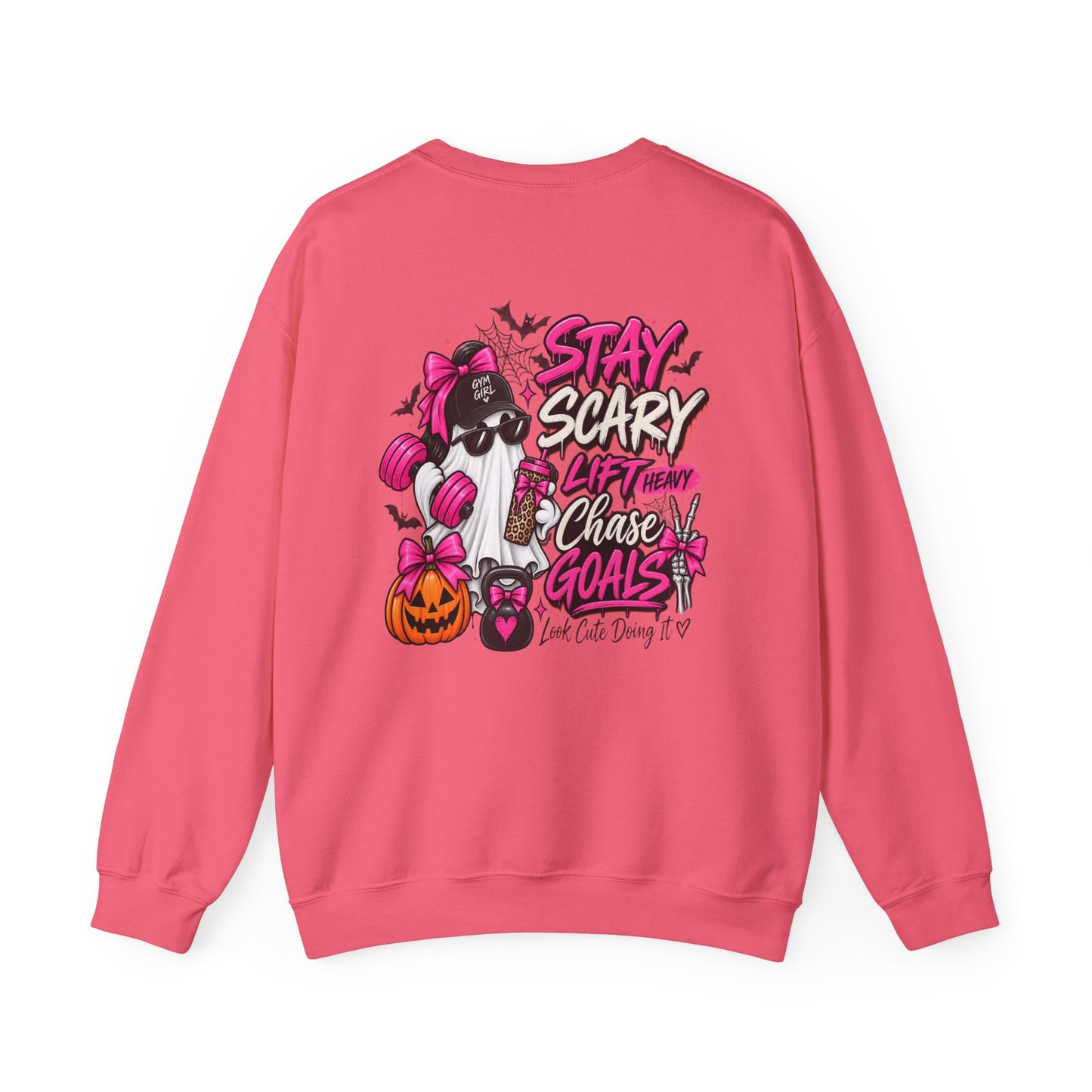 Crewneck Sweatshirt — "Stay Scary, Lift Heavy, Chase Goals" Halloween Gym Graphic