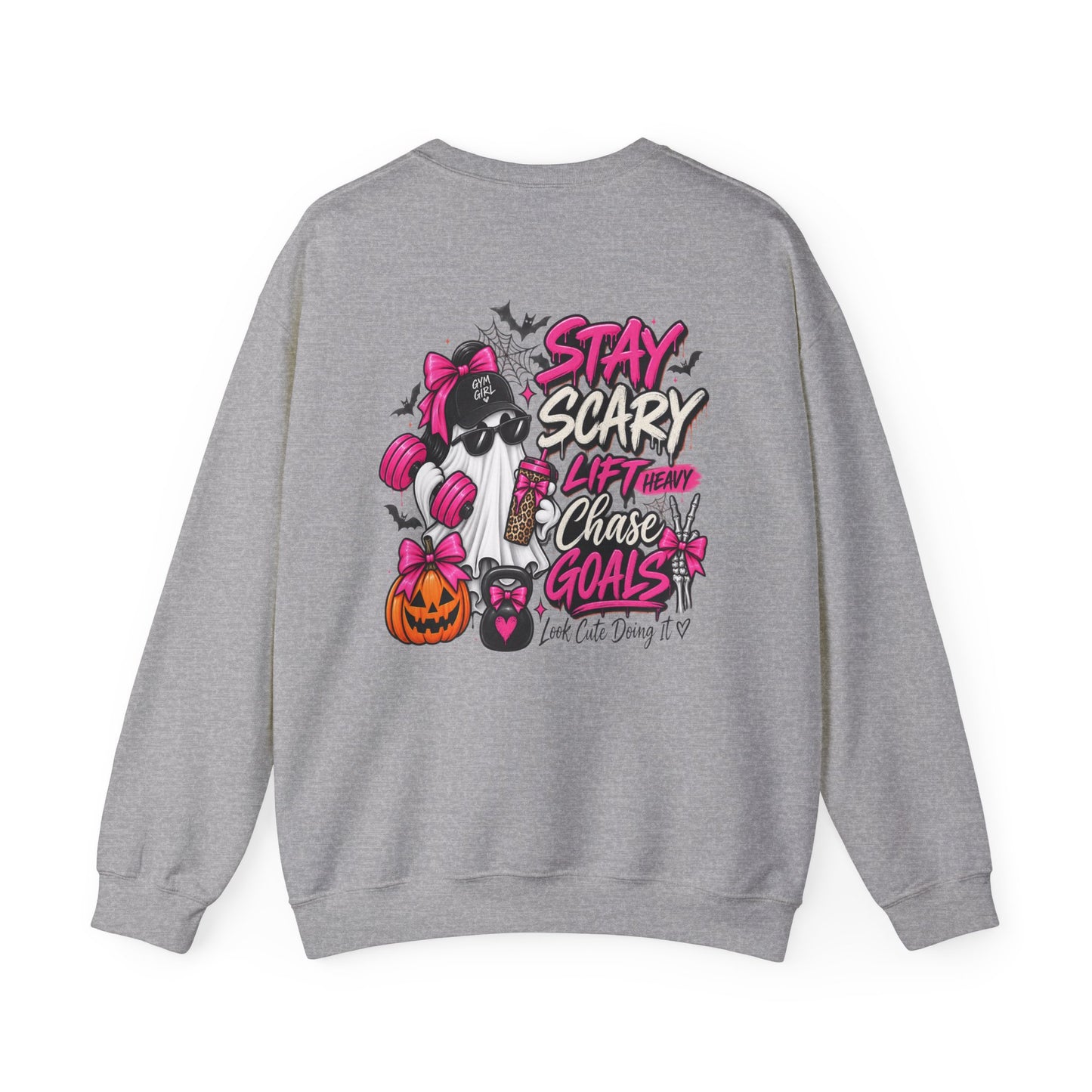 Crewneck Sweatshirt — "Stay Scary, Lift Heavy, Chase Goals" Halloween Gym Graphic