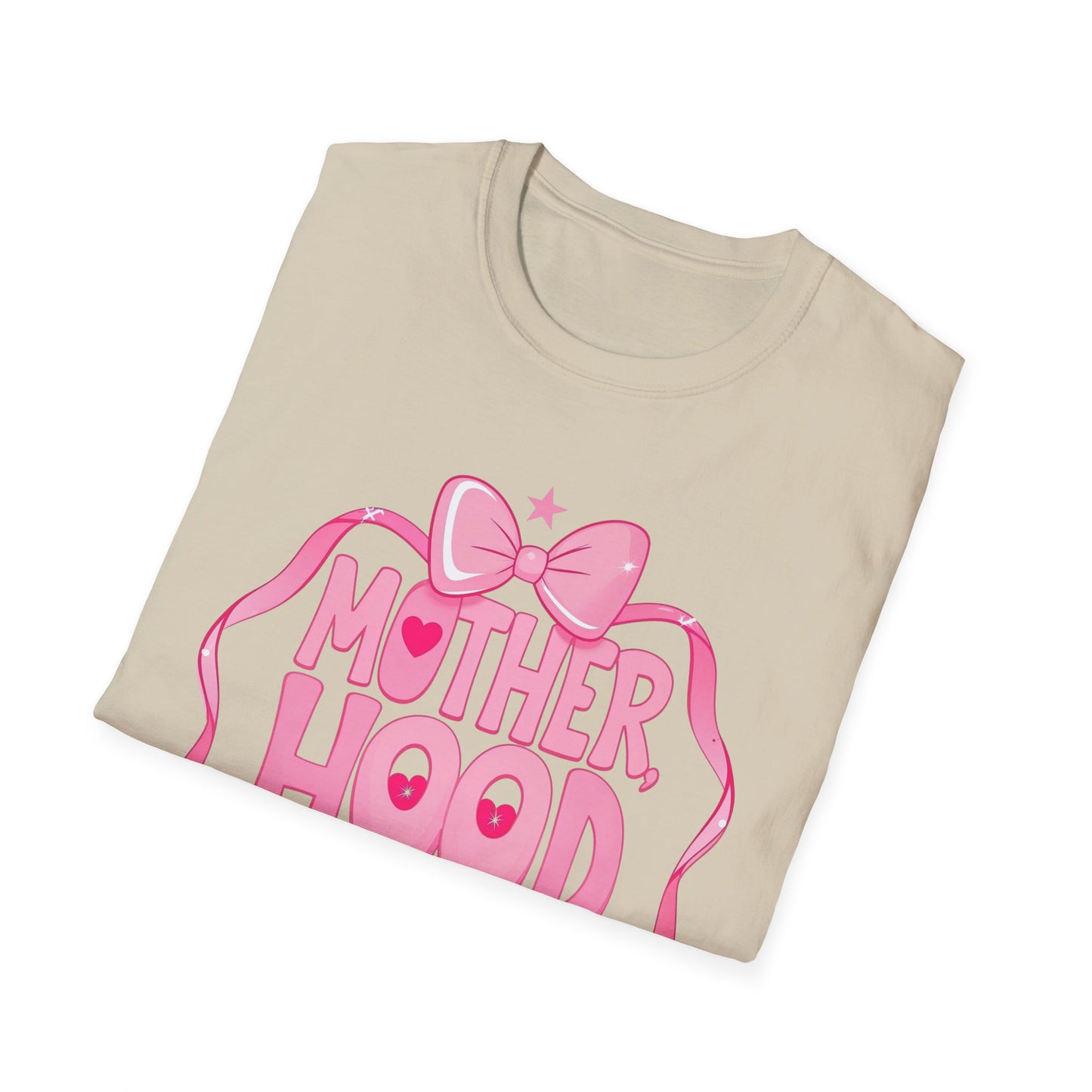 Motherhood Pink Graphic T-Shirt — "Motherhood" Bow Design with Cute Quote