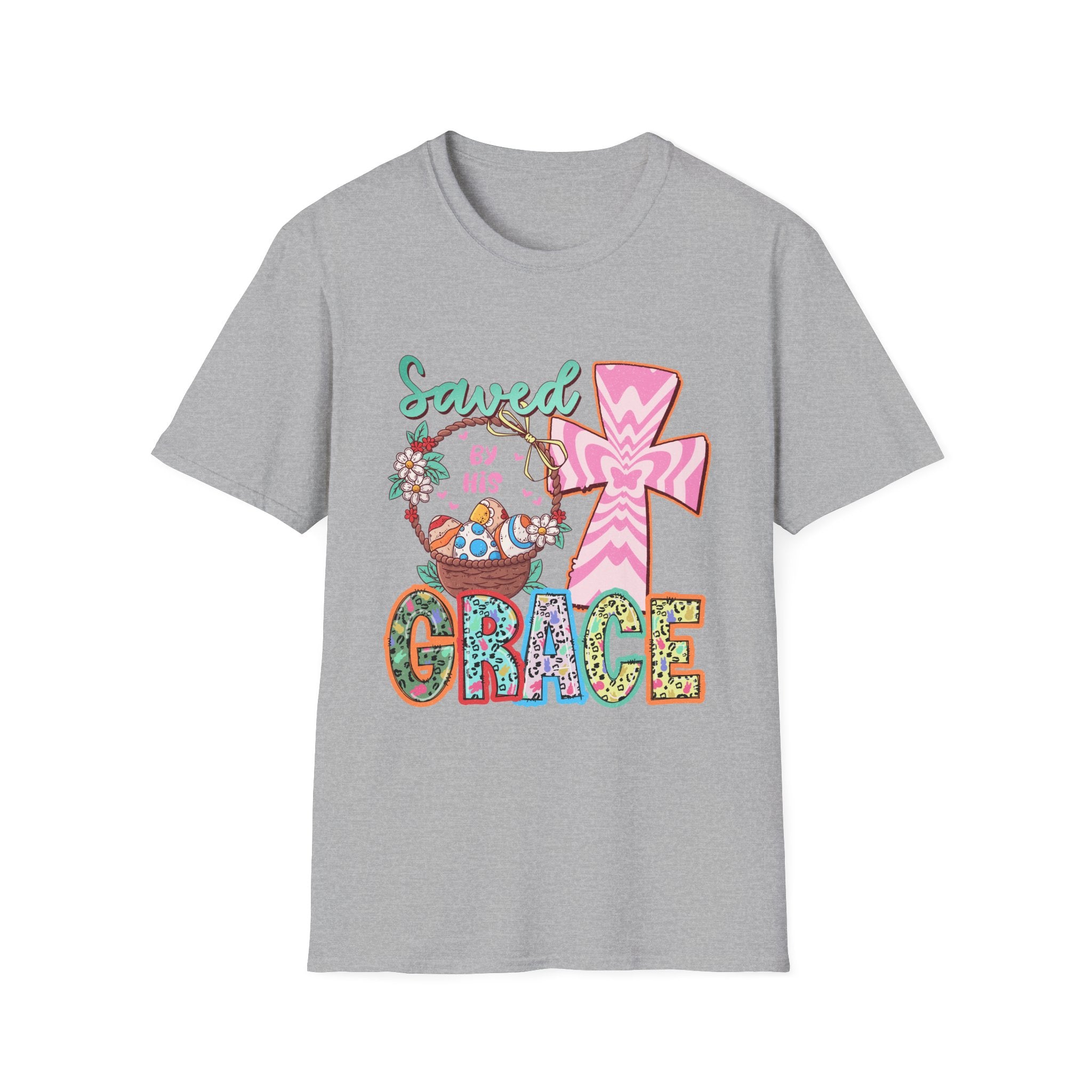Saved By His Grace Christian T-Shirt — Colorful Cross & Floral Faith Tee