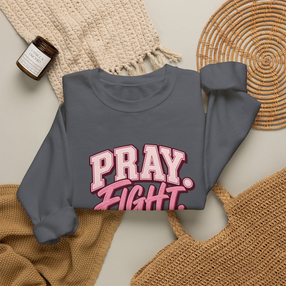 Pray Fight Heal Repeat Sweatshirt — Inspirational Pink Graphic Crewneck