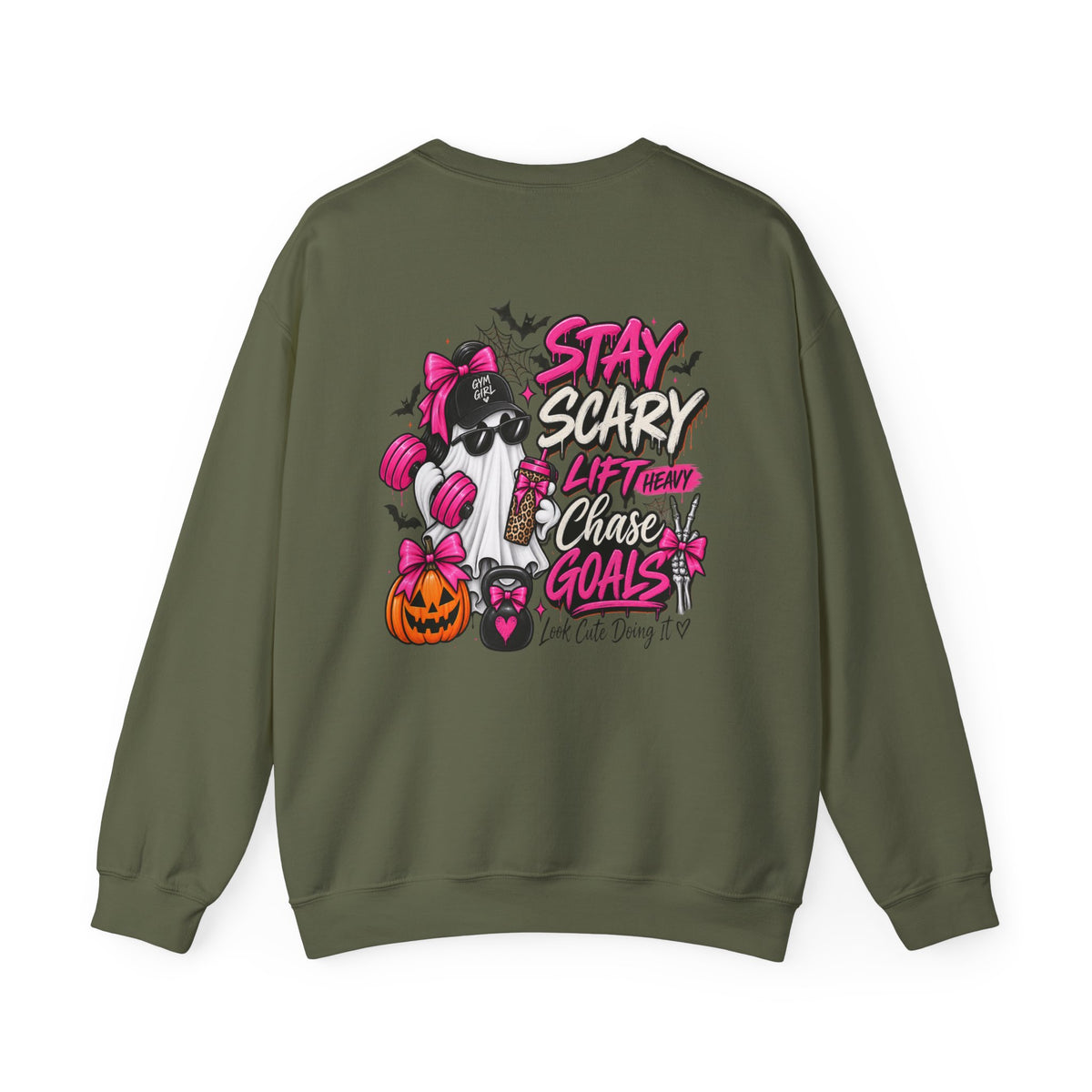 Crewneck Sweatshirt — "Stay Scary, Lift Heavy, Chase Goals" Halloween Gym Graphic