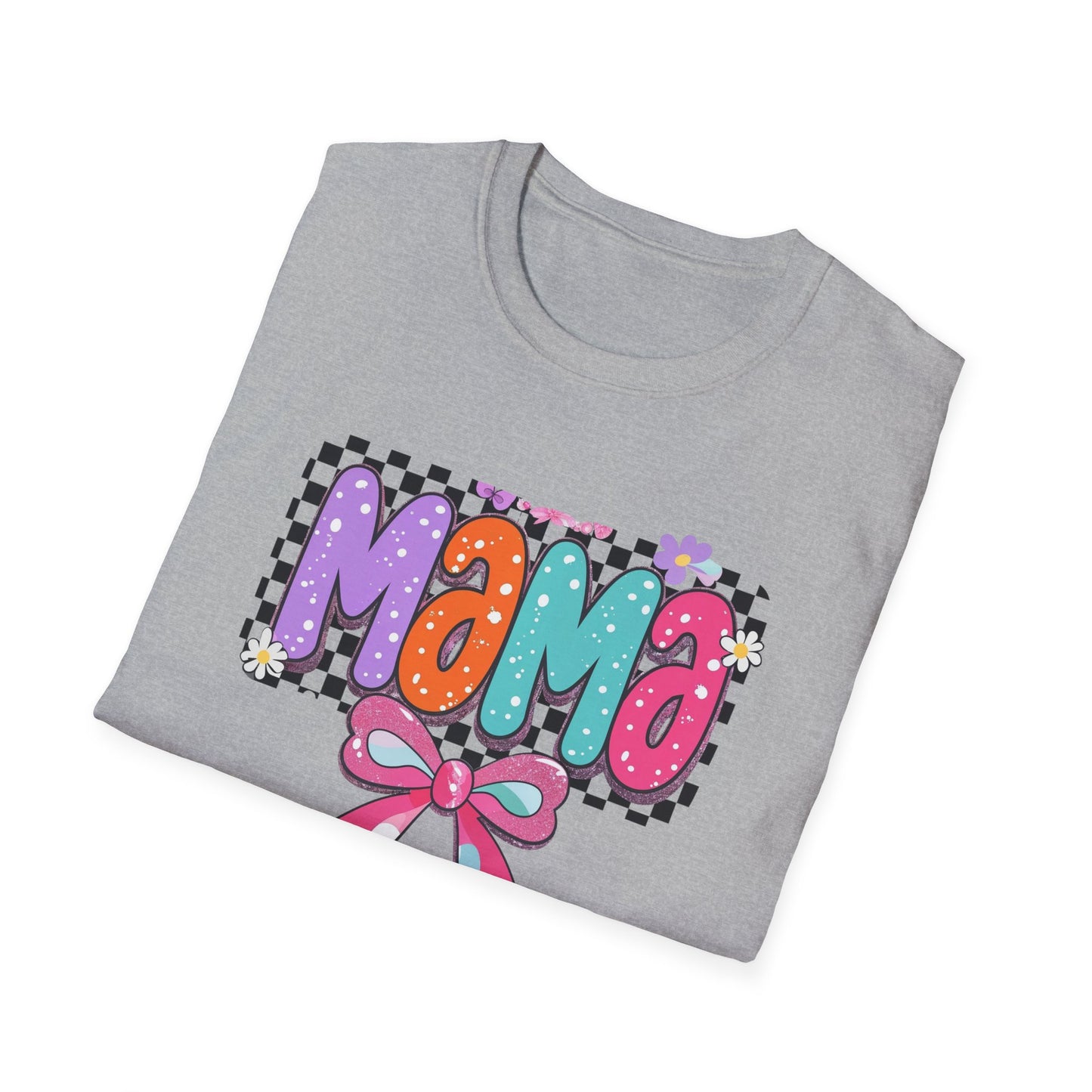 Mama Colorful Plaid Bow T-Shirt — Cute Floral "Mama" Graphic Tee for Moms, Mother's Day Gift