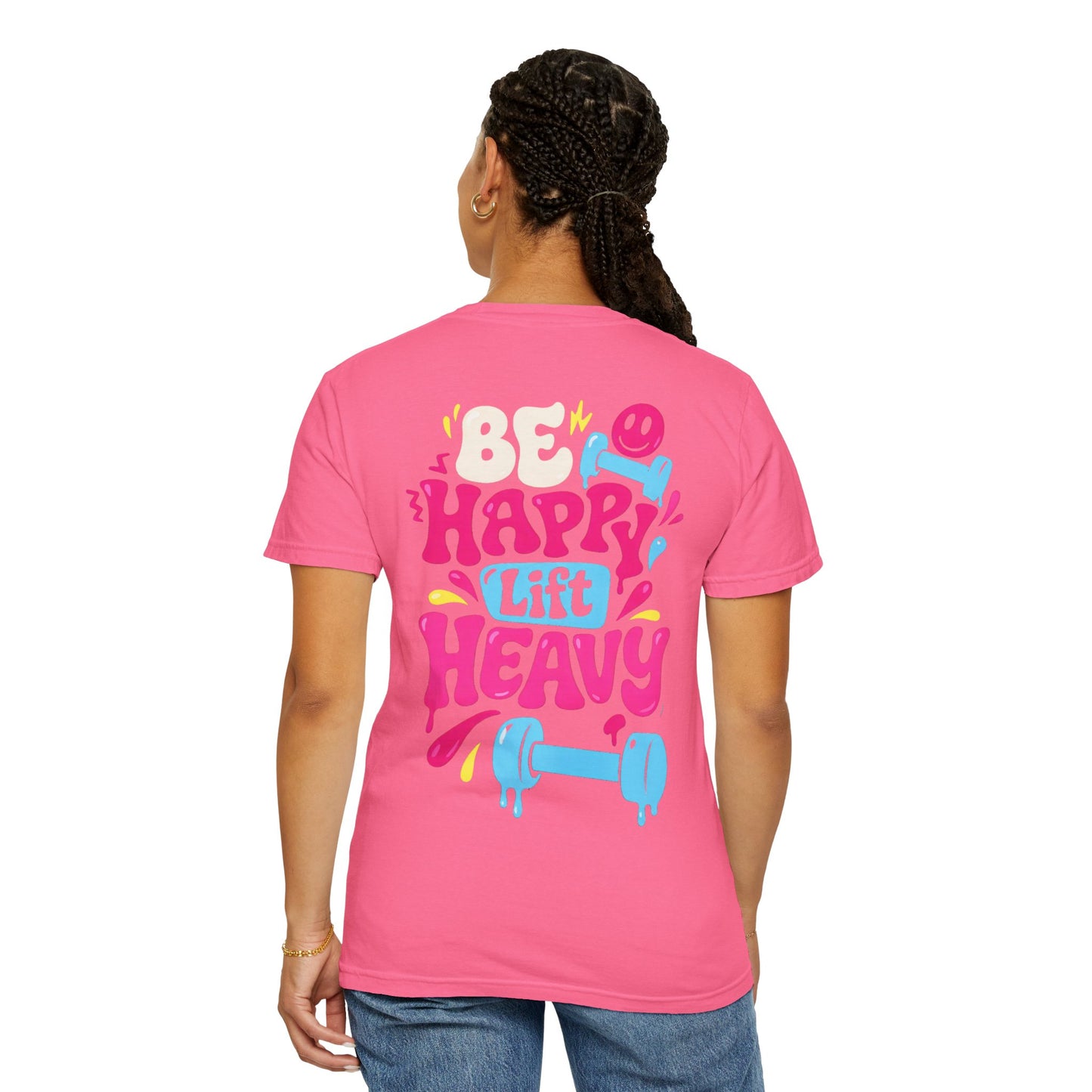Be Happy Lift Heavy T-Shirt — Motivational Gym Tee with Colorful Retro Fitness Design