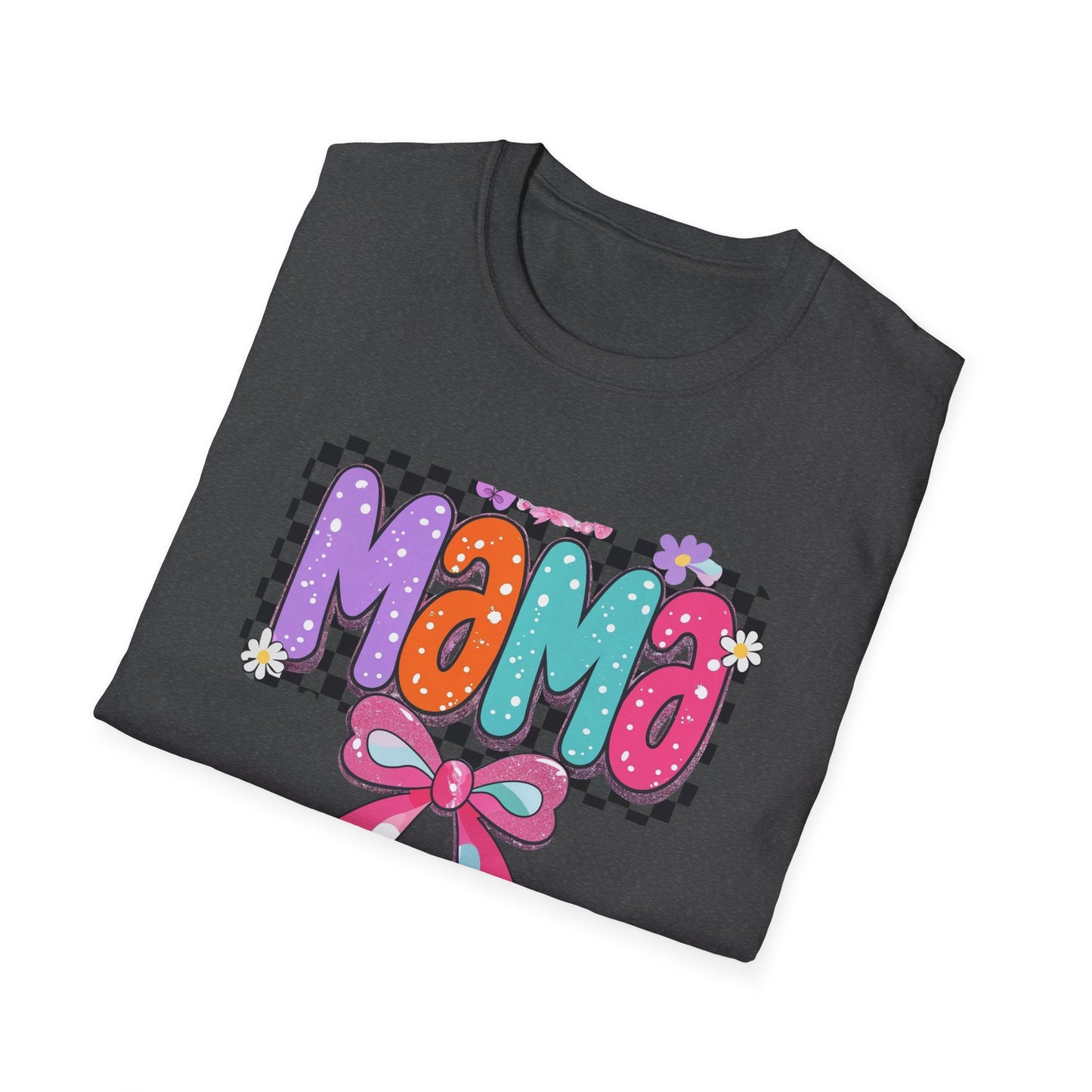 Mama Colorful Plaid Bow T-Shirt — Cute Floral "Mama" Graphic Tee for Moms, Mother's Day Gift