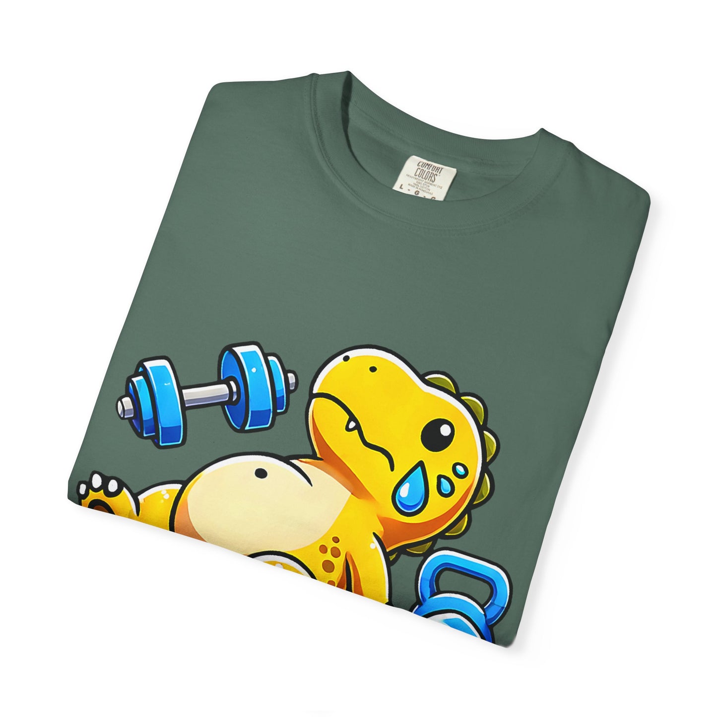 Cute Sweating Dino Lifting Dumbbells