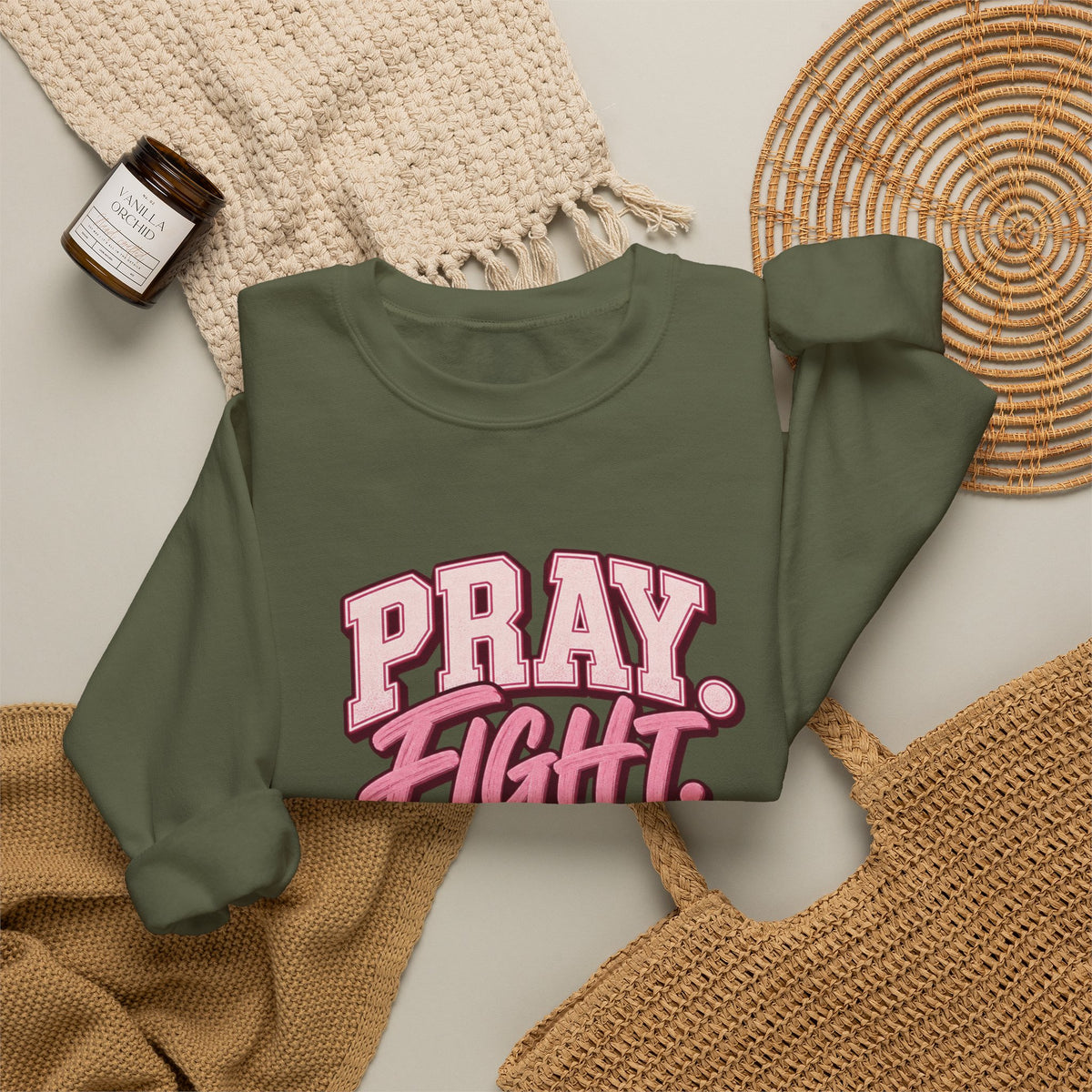 Pray Fight Heal Repeat Sweatshirt — Inspirational Pink Graphic Crewneck