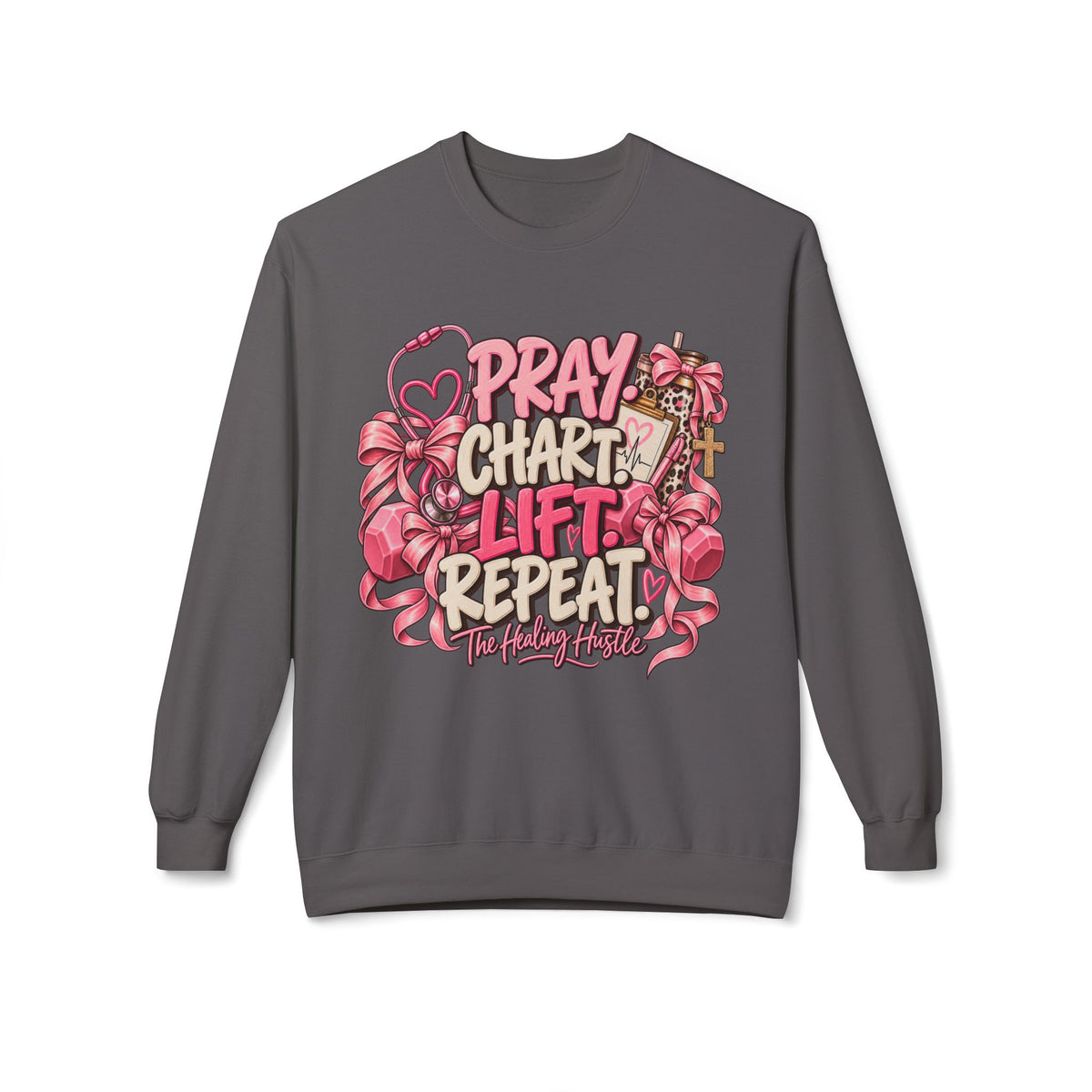 Pray Chart Lift Repeat Crewneck Sweatshirt — Christian Fitness Inspirational Pullover