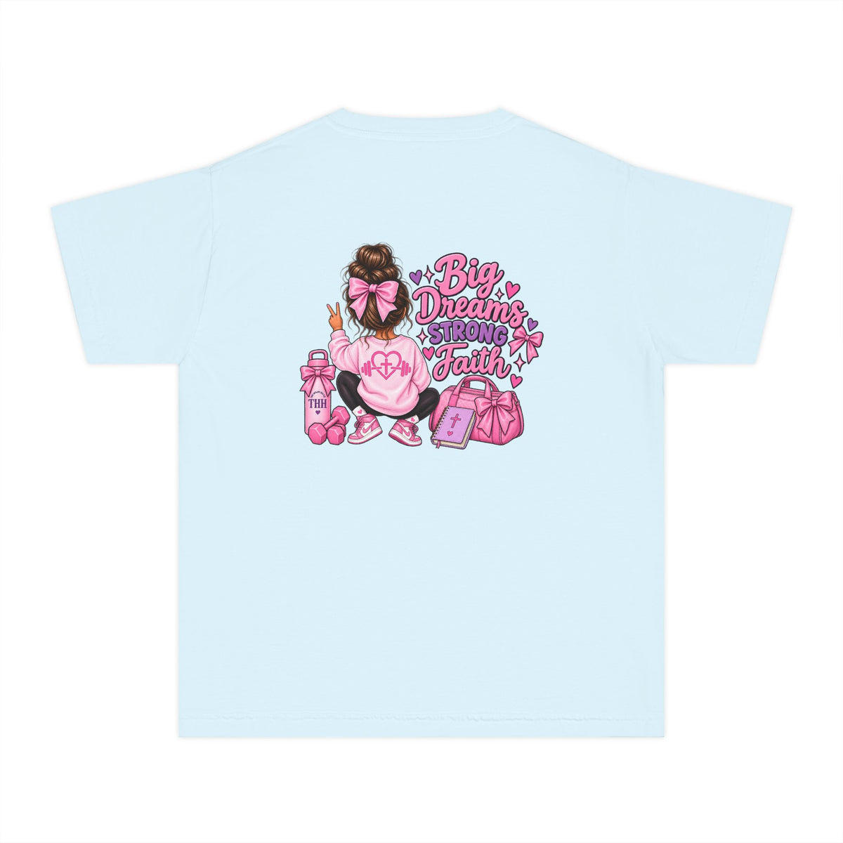 Youth Tee — "Big Dreams, Bigger Faith" Pink Bow Graphic