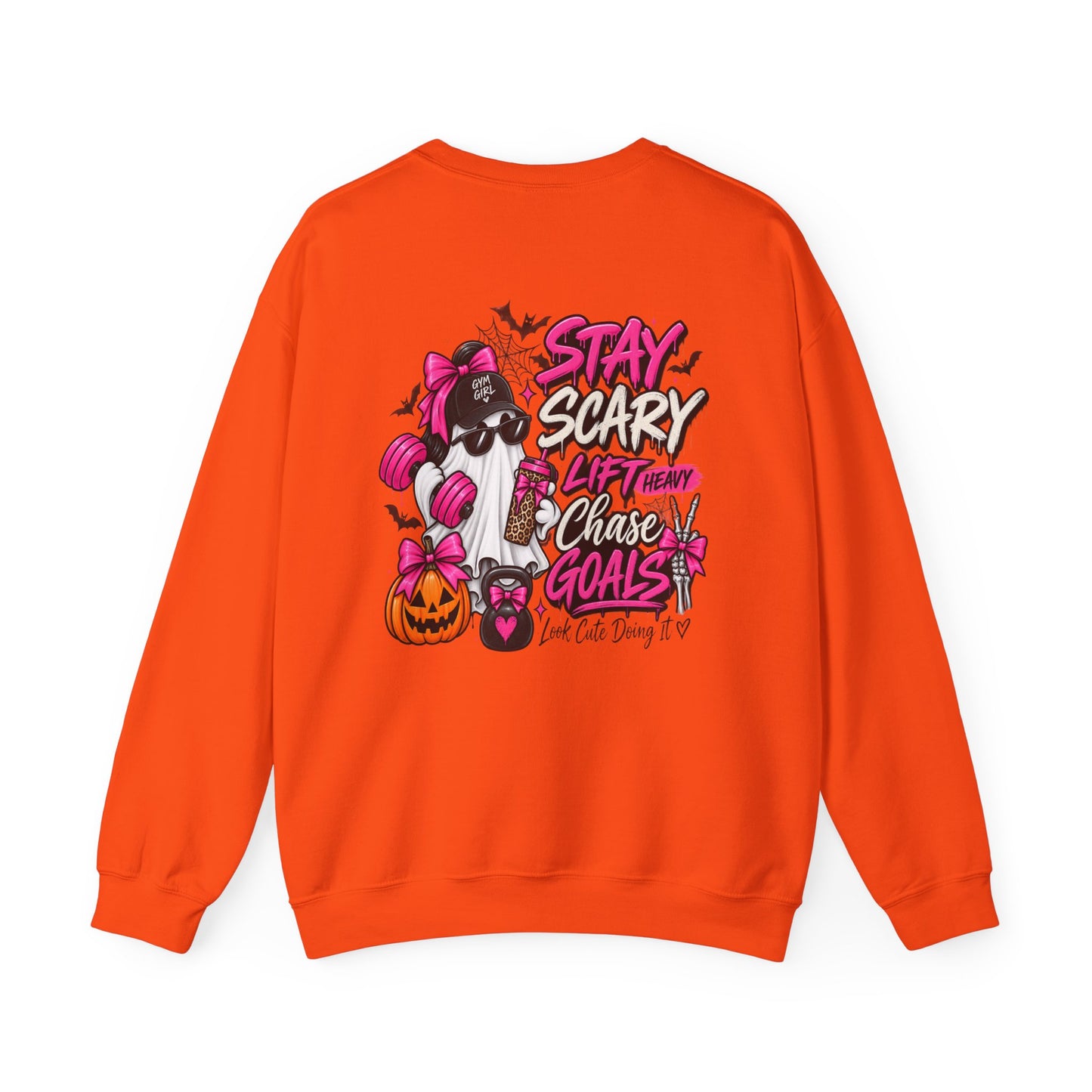 Crewneck Sweatshirt — "Stay Scary, Lift Heavy, Chase Goals" Halloween Gym Graphic