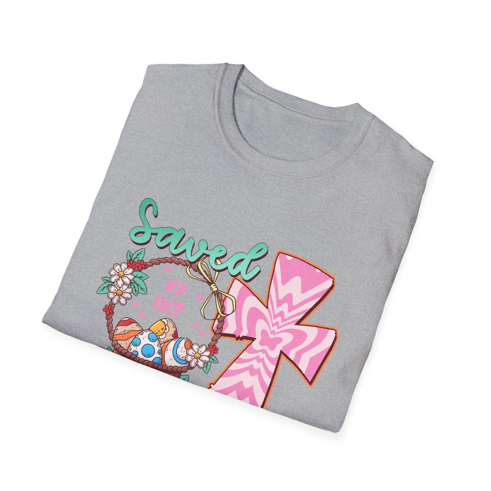 Saved By His Grace Christian T-Shirt — Colorful Cross & Floral Faith Tee