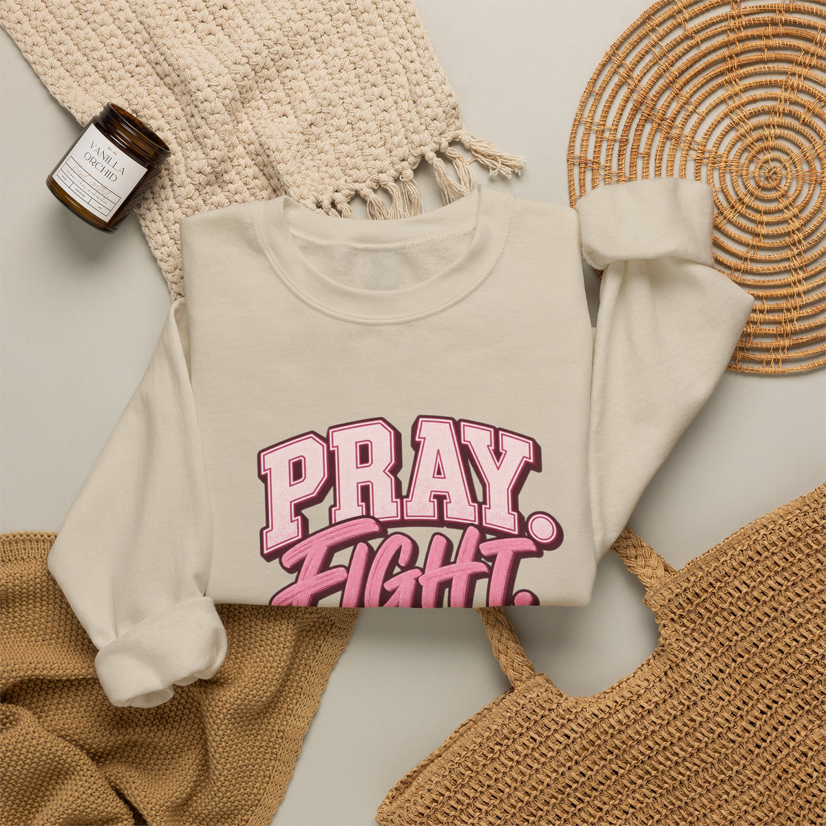 Pray Fight Heal Repeat Sweatshirt — Inspirational Pink Graphic Crewneck