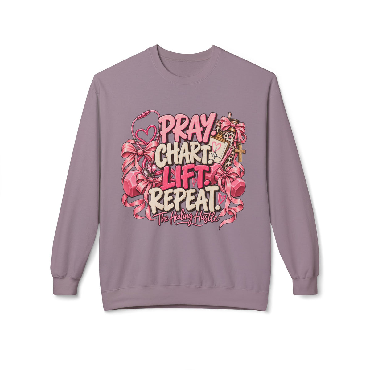 Pray Chart Lift Repeat Crewneck Sweatshirt — Christian Fitness Inspirational Pullover
