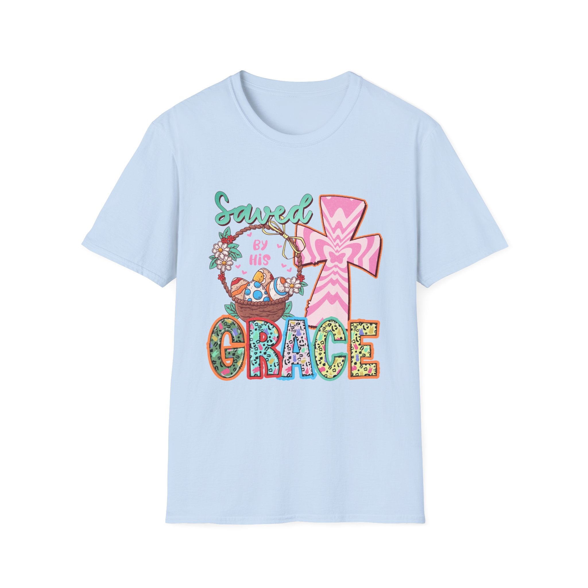 Saved By His Grace Christian T-Shirt — Colorful Cross & Floral Faith Tee