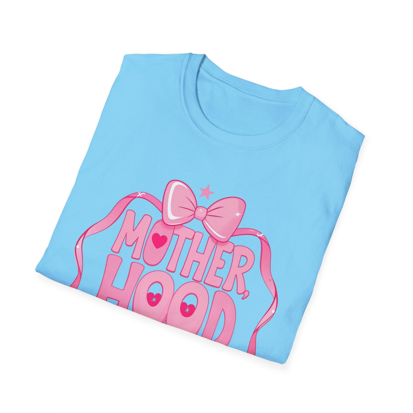 Motherhood Pink Graphic T-Shirt — "Motherhood" Bow Design with Cute Quote