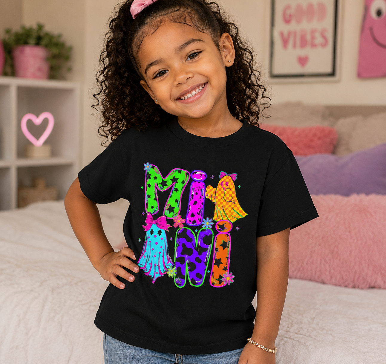 Kids Halloween Tee — Colorful 'Mini' Ghosts Graphic Shirt