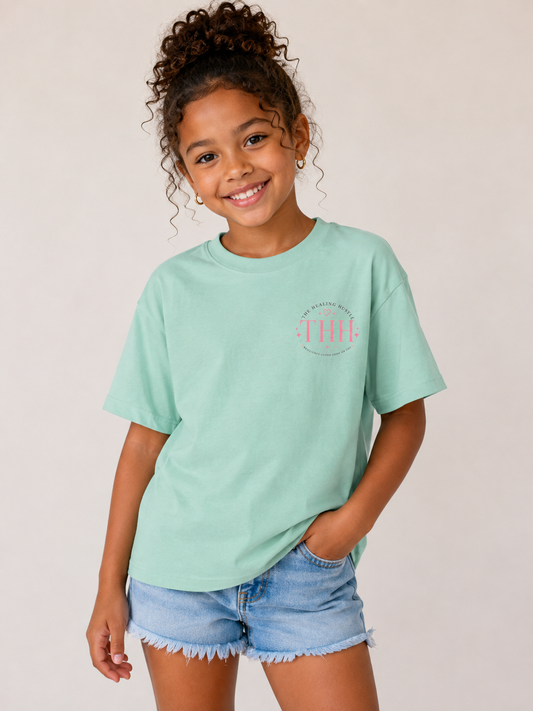Youth Tee — "Big Dreams, Bigger Faith" Pink Bow Graphic
