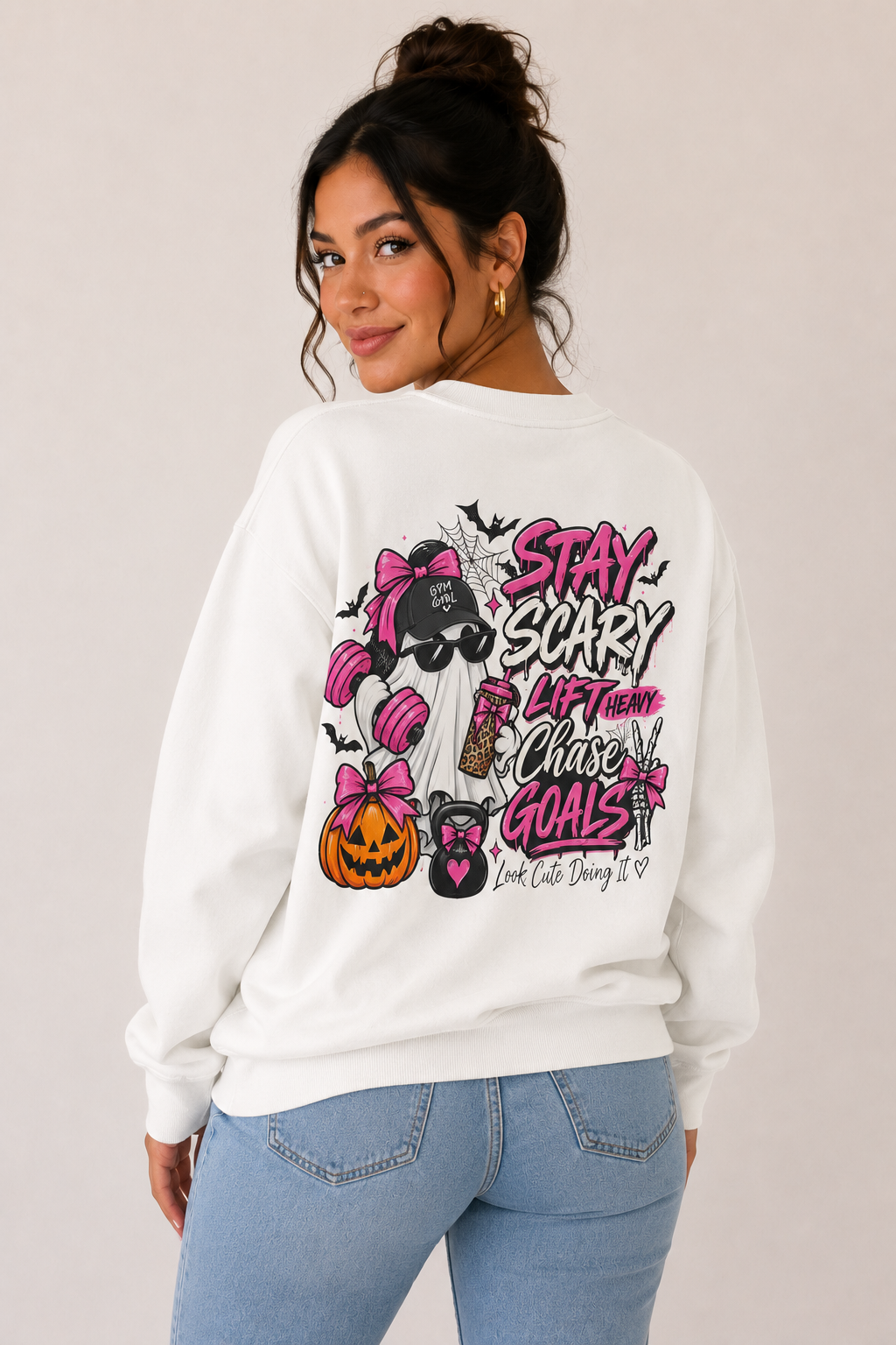 Crewneck Sweatshirt — "Stay Scary, Lift Heavy, Chase Goals" Halloween Gym Graphic
